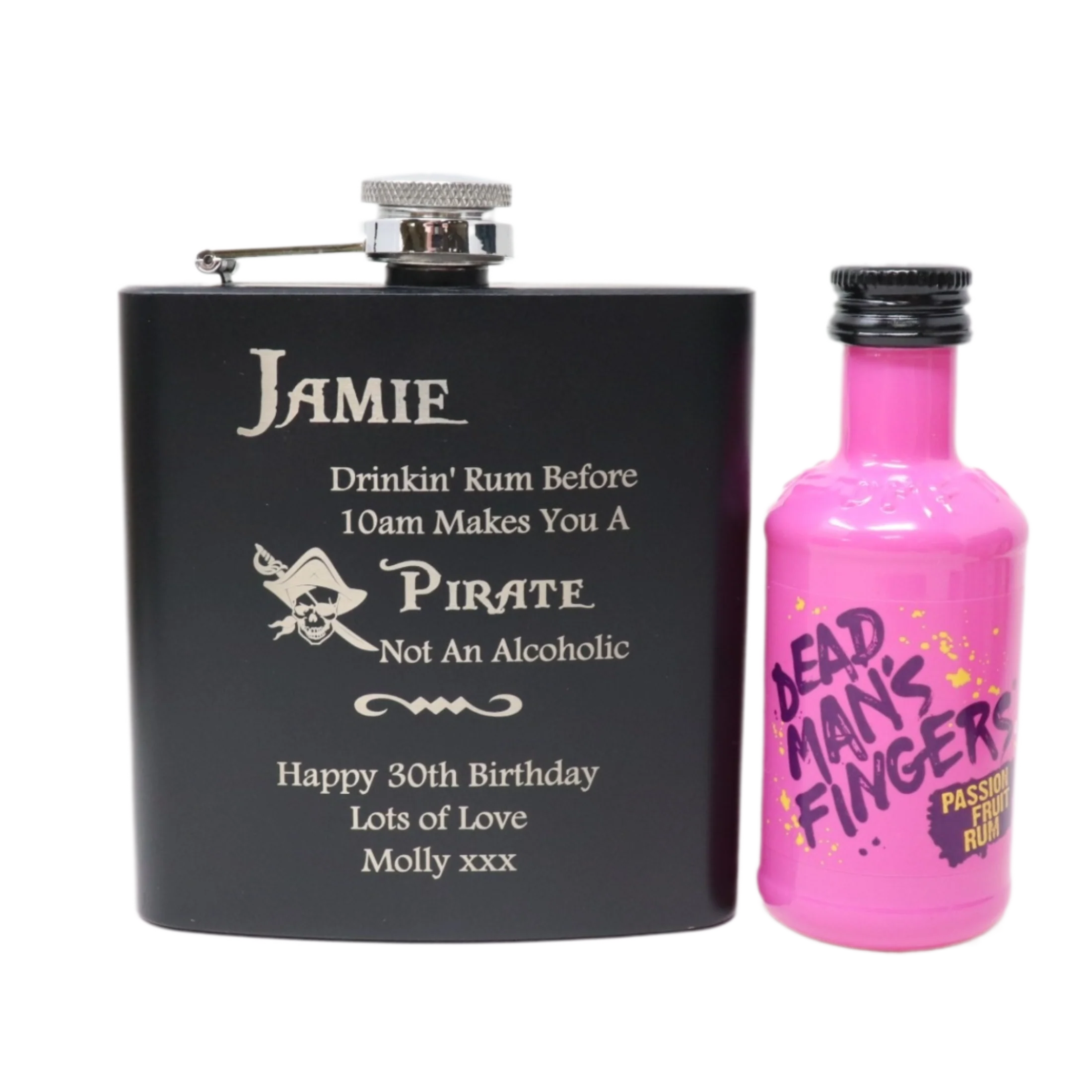 Personalised Black Hip Flask & Miniature Alcohol - Pirate Rum Design - Image 12