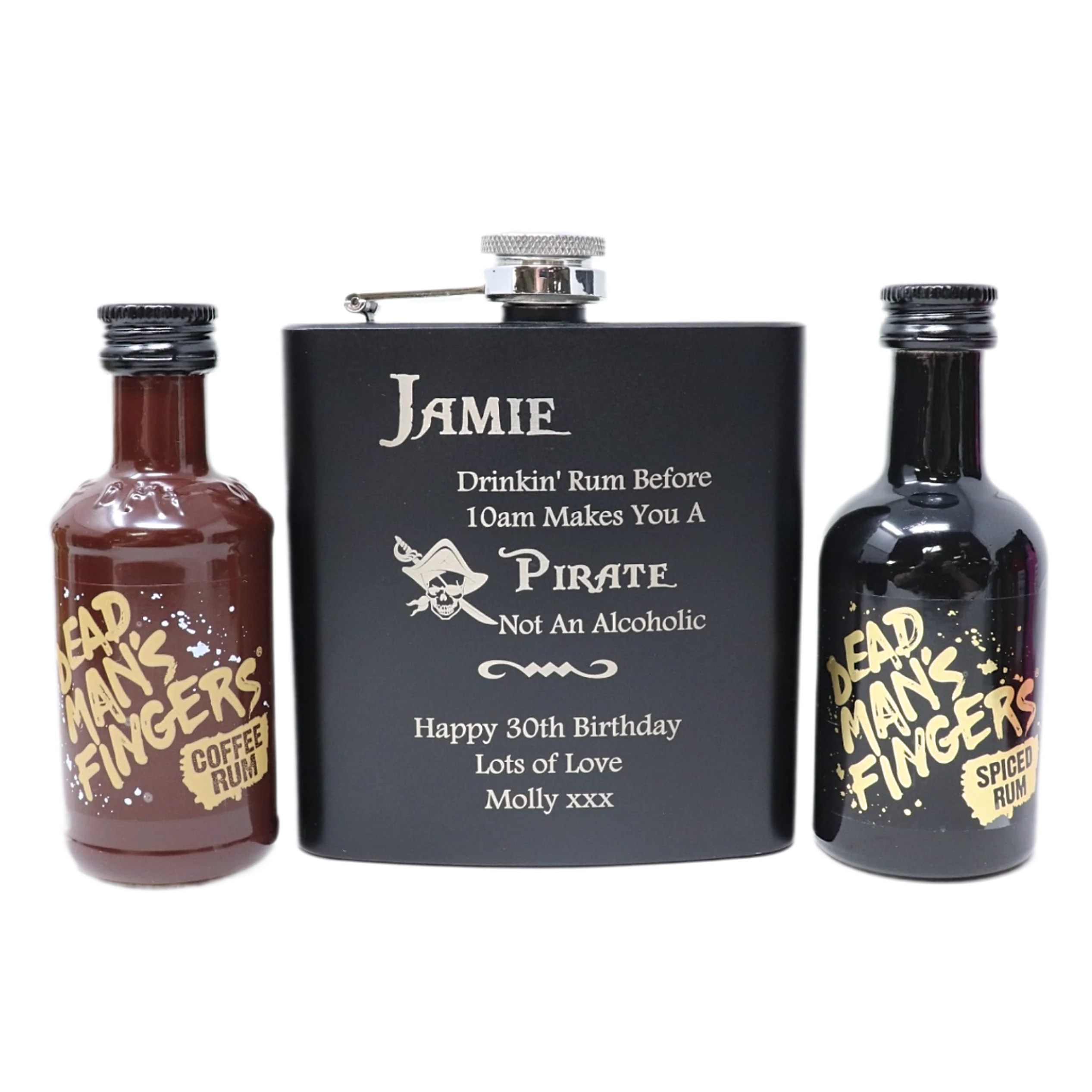 Personalised Black Hip Flask & Miniature Alcohol - Pirate Rum Design - Image 16