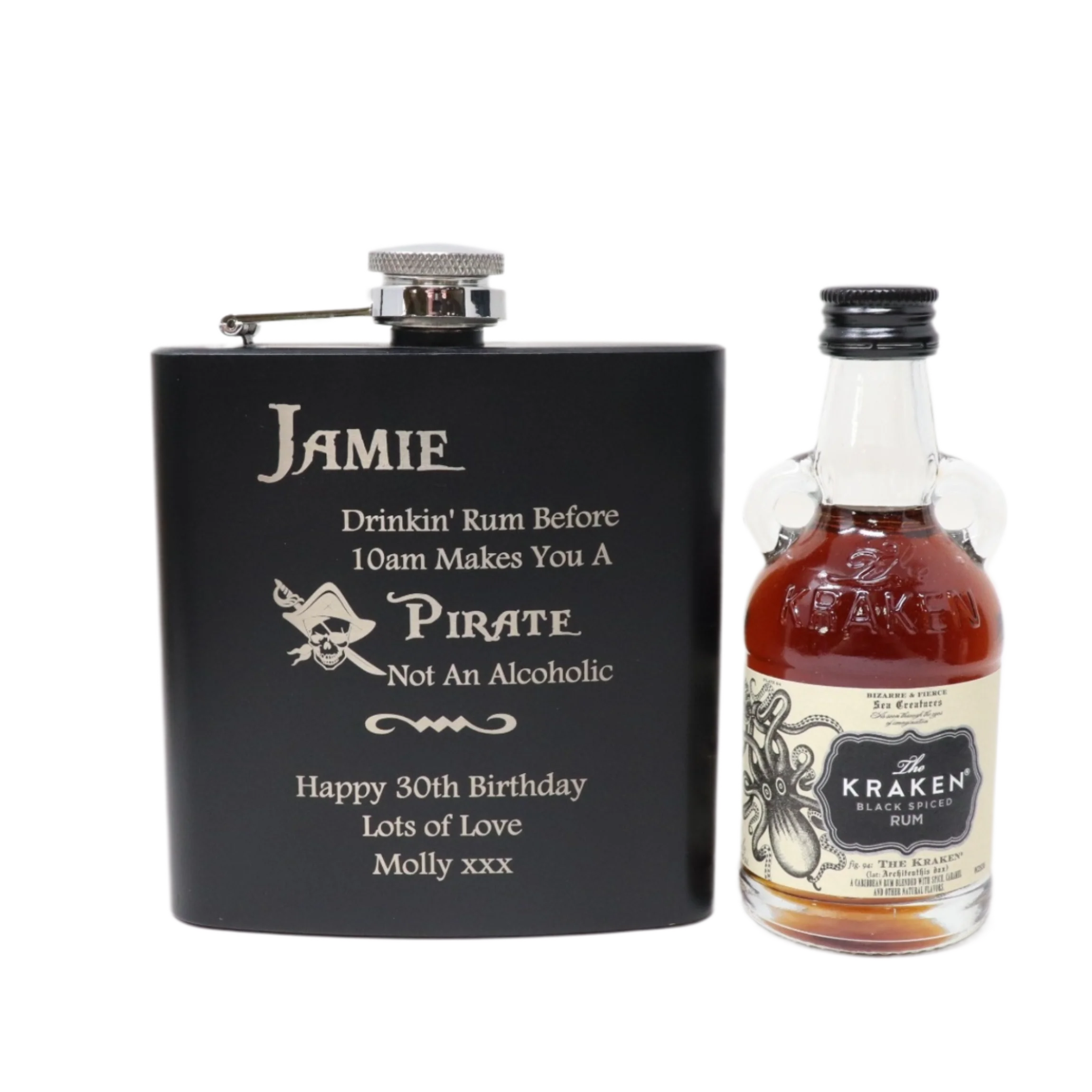 Personalised Black Hip Flask & Miniature Alcohol - Pirate Rum Design - Image 18