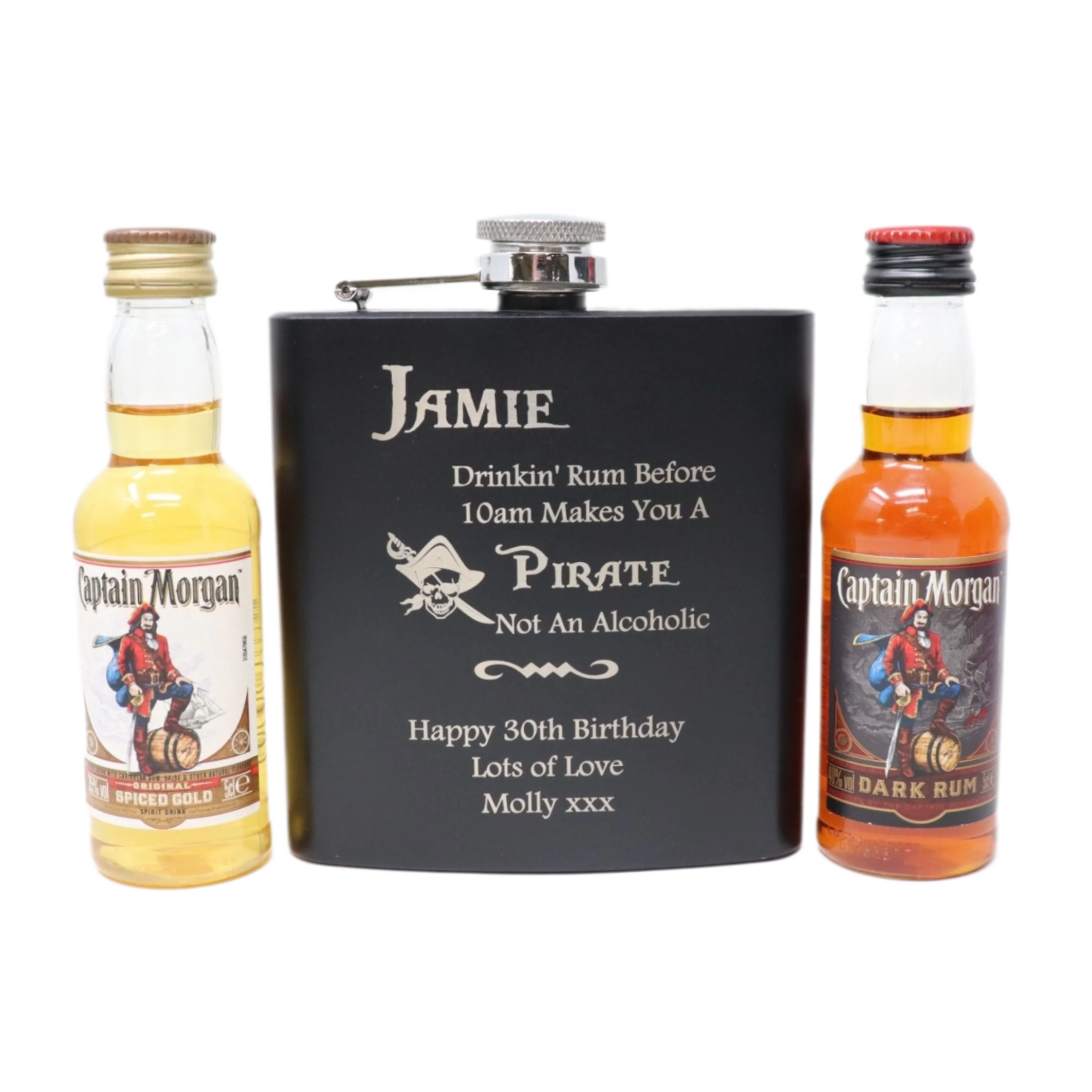 Personalised Black Hip Flask & Miniature Alcohol - Pirate Rum Design - Image 20