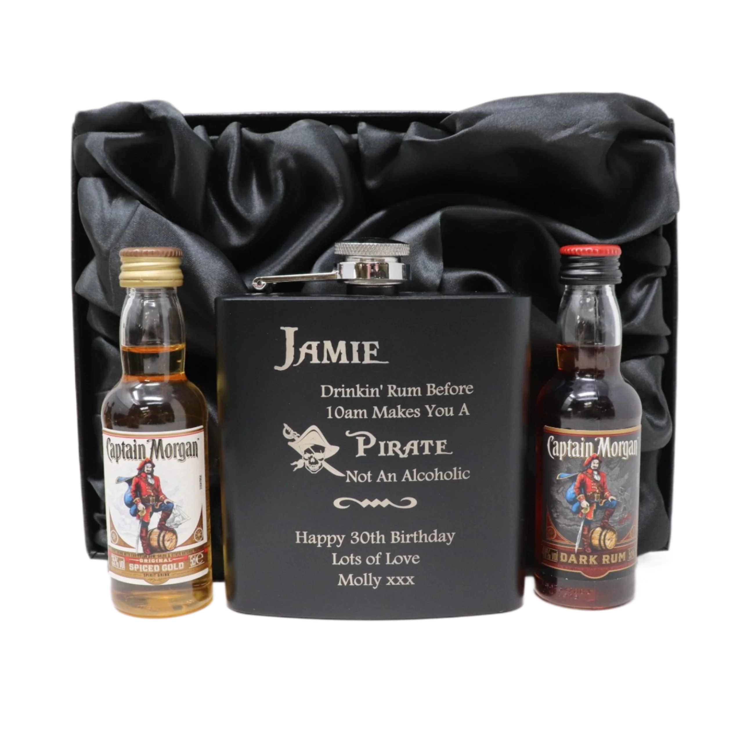 Personalised Black Hip Flask & Miniature Alcohol - Pirate Rum Design - Image 21
