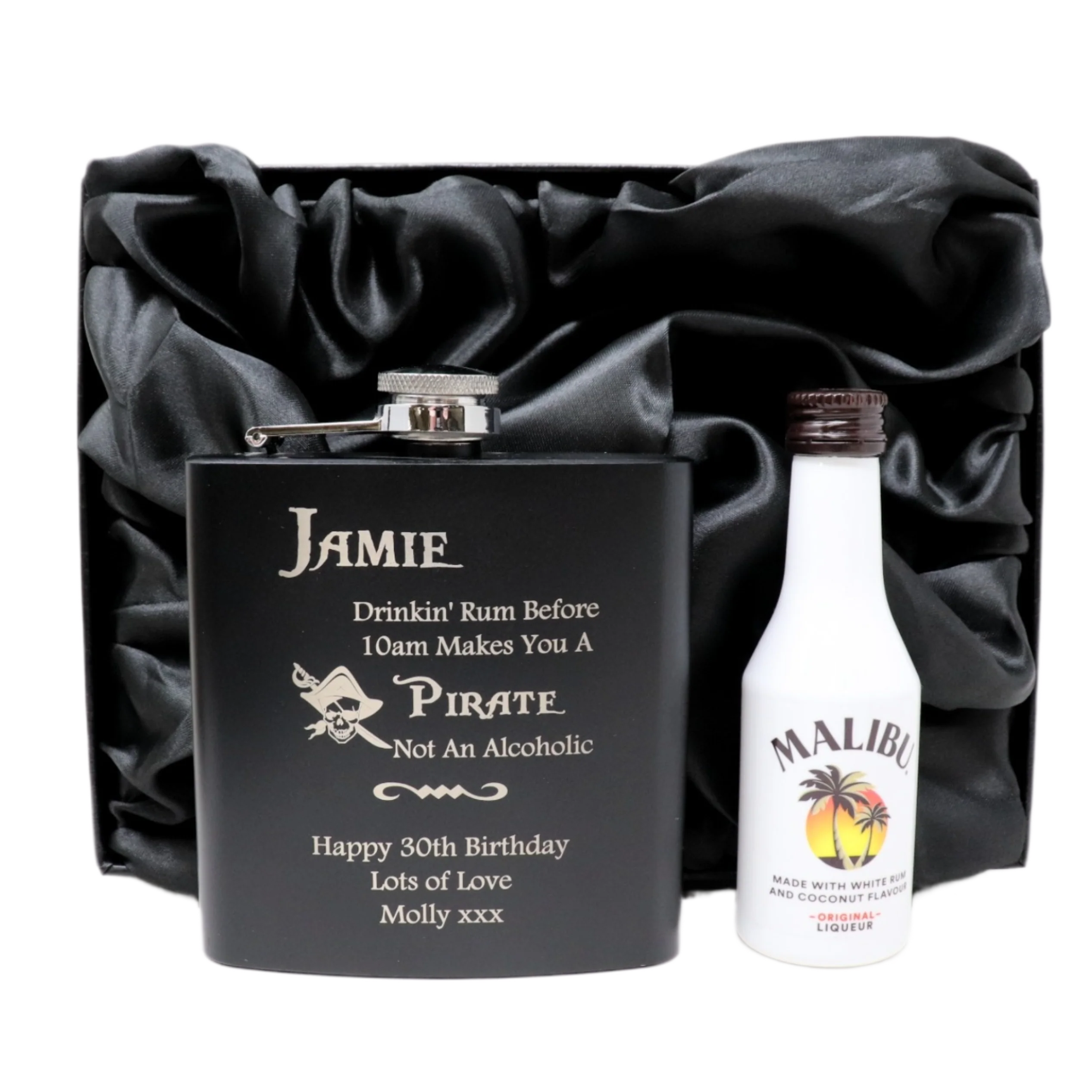 Personalised Black Hip Flask & Miniature Alcohol - Pirate Rum Design - Image 23
