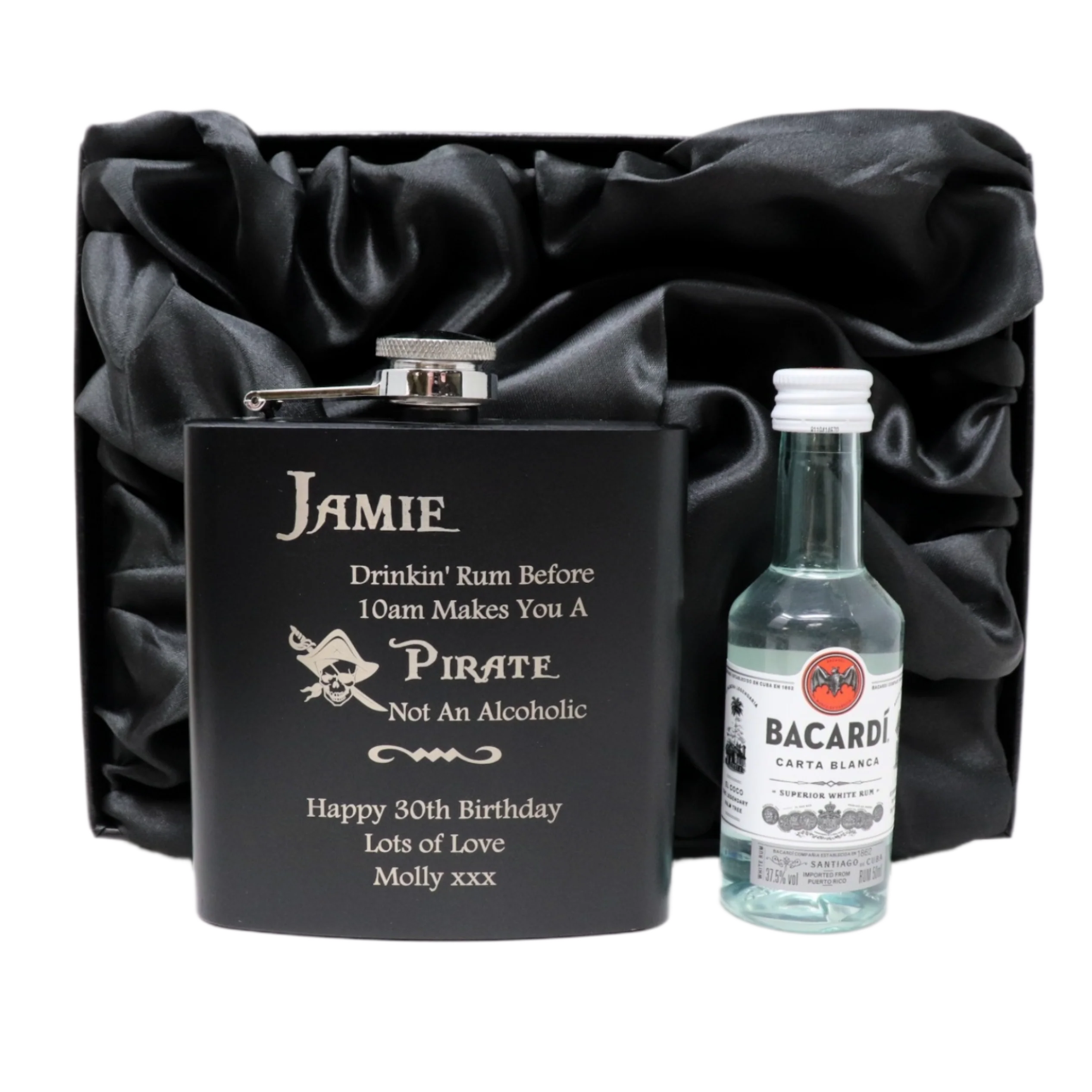 Personalised Black Hip Flask & Miniature Alcohol - Pirate Rum Design - Image 3
