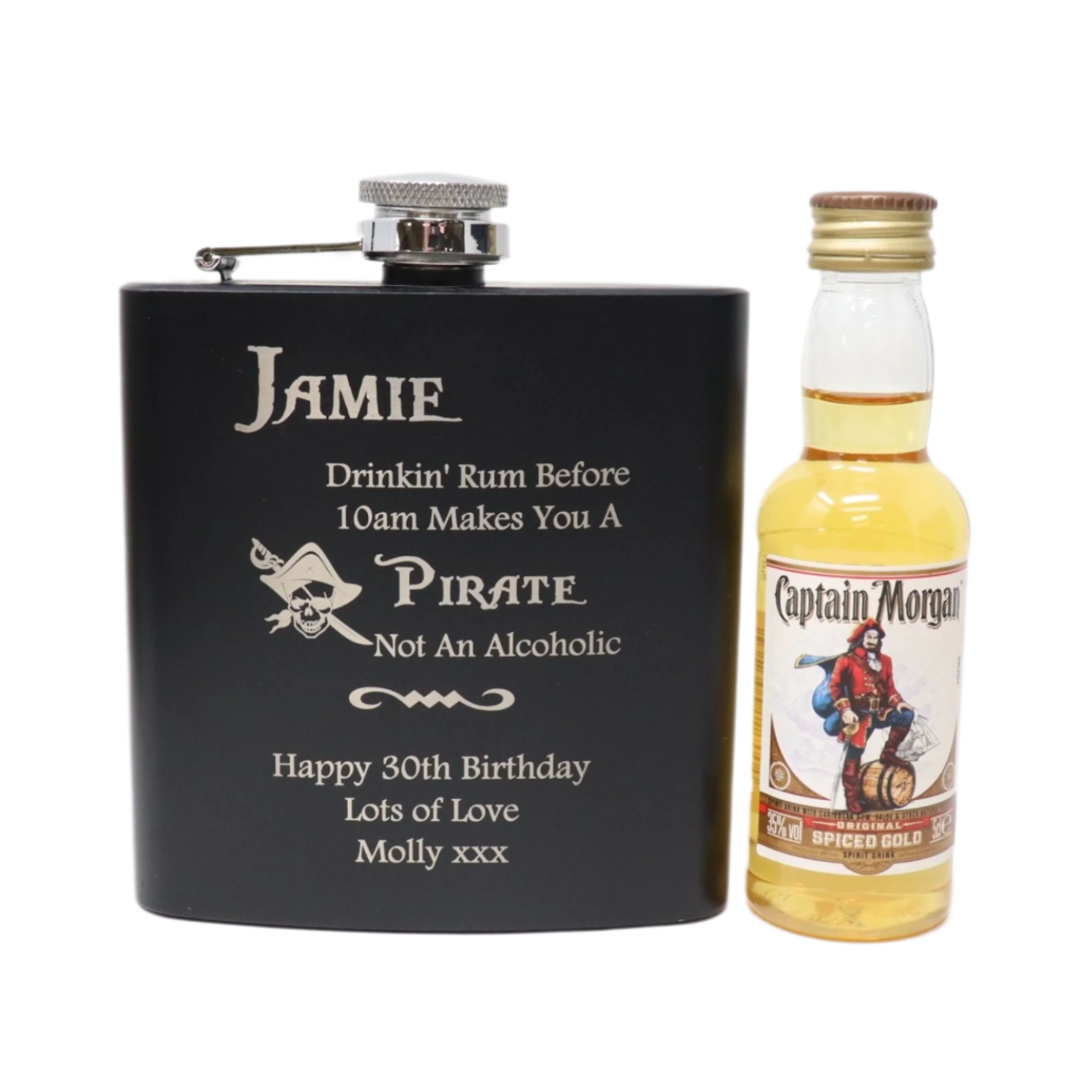 Personalised Black Hip Flask & Miniature Alcohol - Pirate Rum Design - Image 6