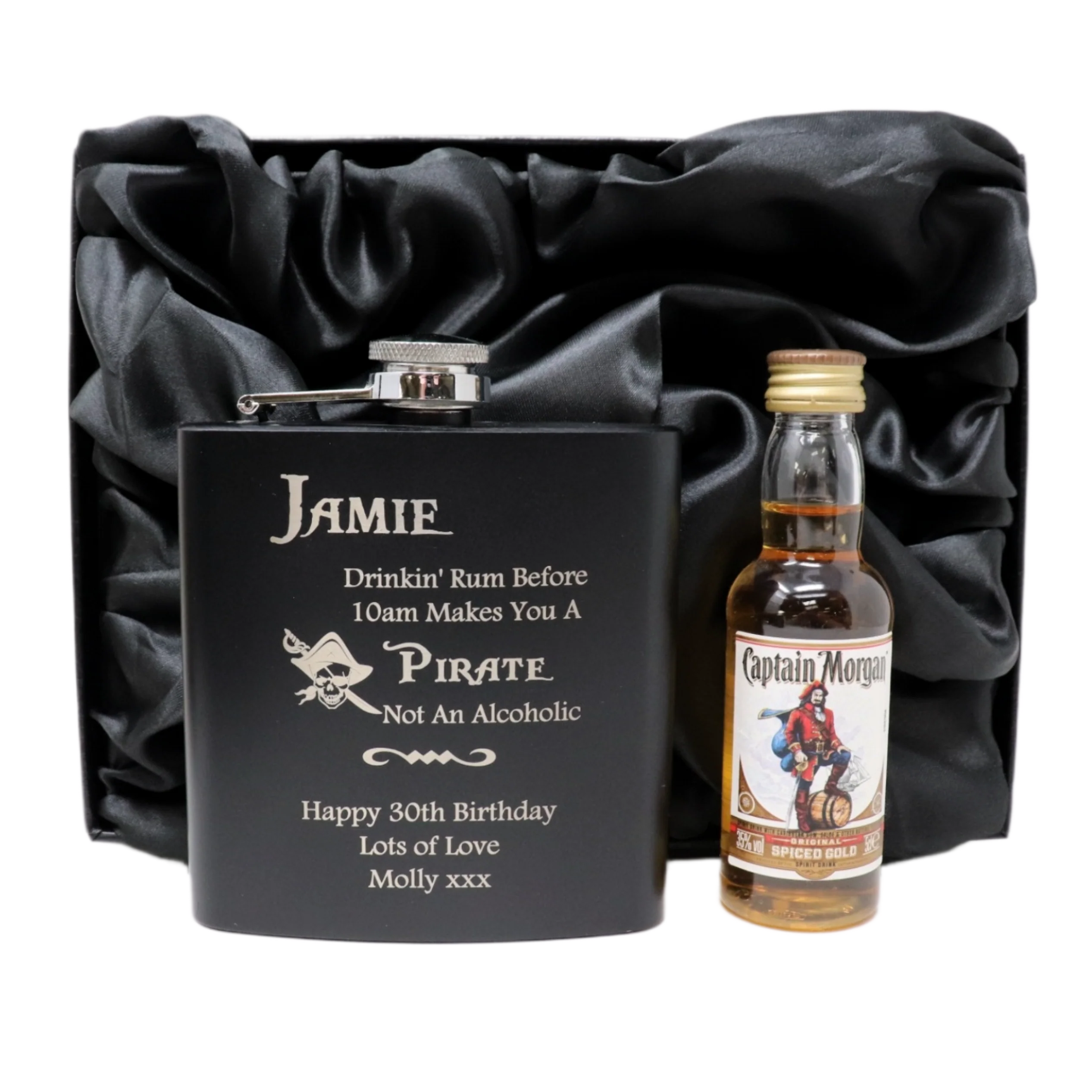 Personalised Black Hip Flask & Miniature Alcohol - Pirate Rum Design - Image 7