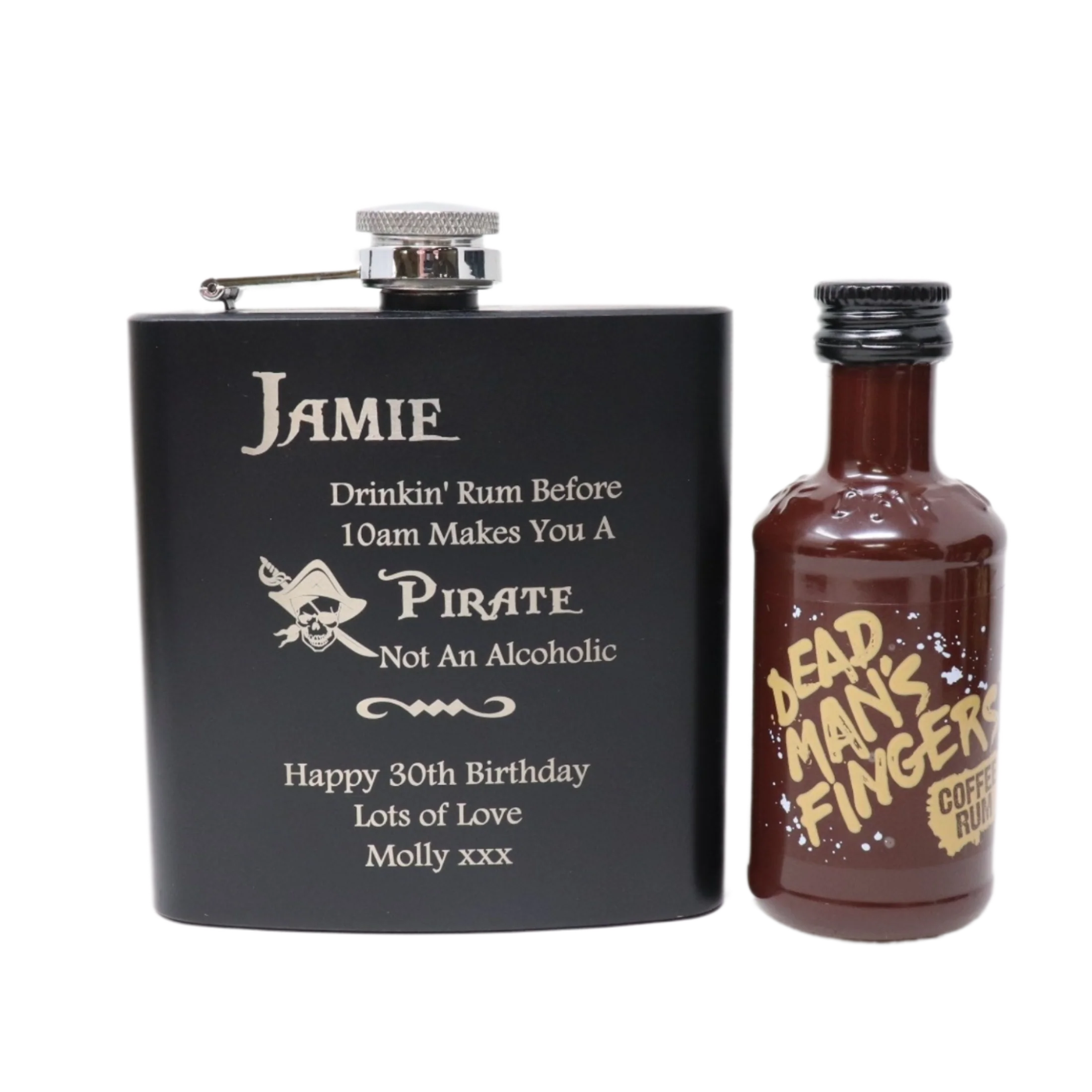 Personalised Black Hip Flask & Miniature Alcohol - Pirate Rum Design - Image 8