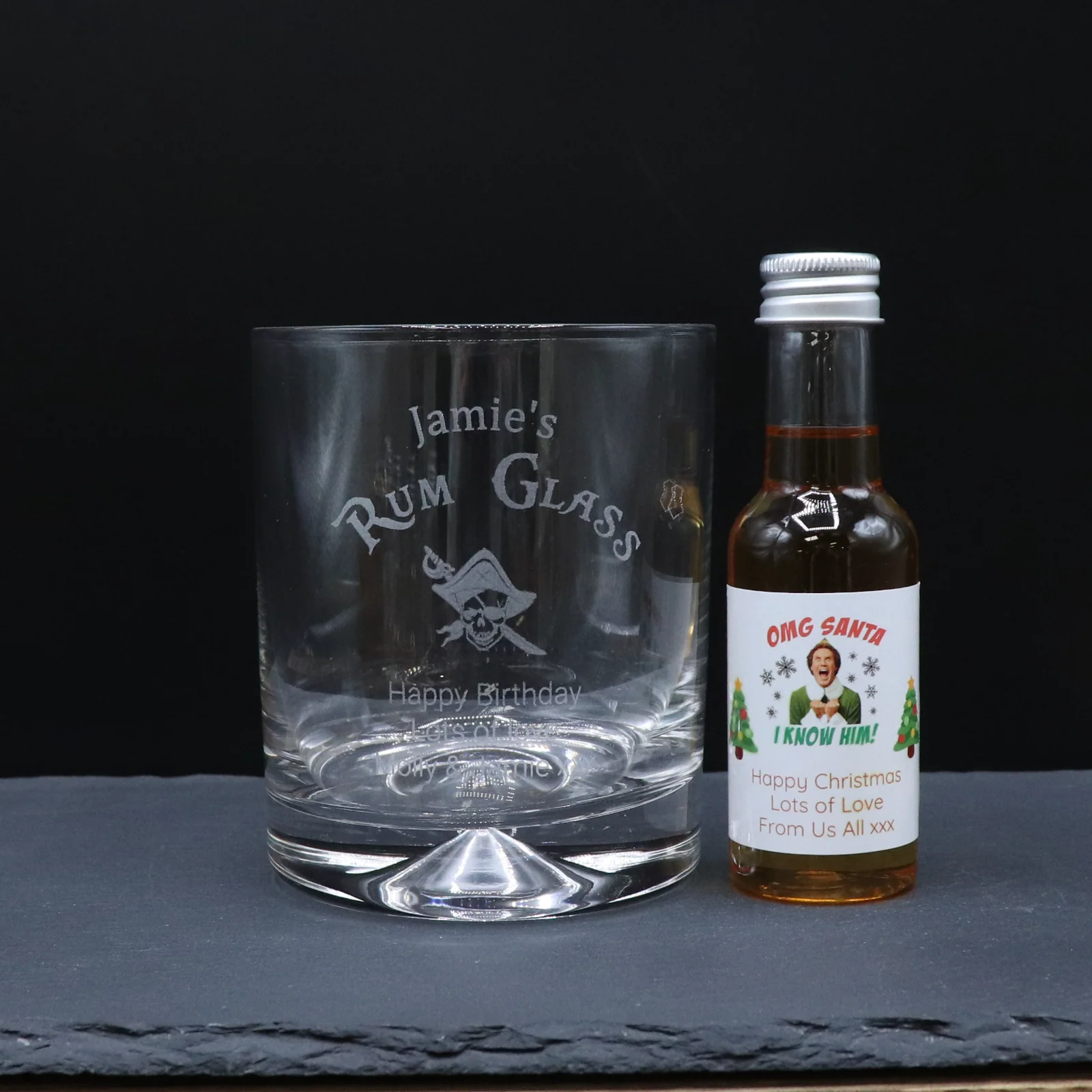 Engraved Rum Glass Tumbler & Personalised Christmas Elf Miniature Spiced Rum