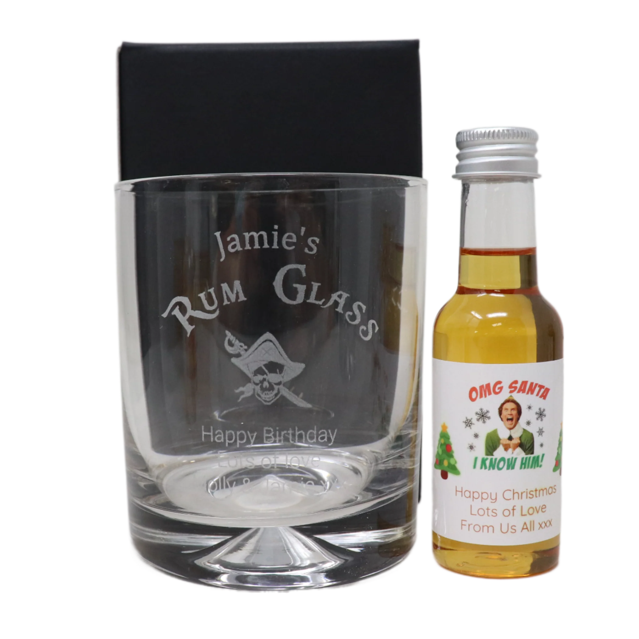 Engraved Rum Glass Tumbler & Personalised Christmas Elf Miniature Spiced Rum - Image 2