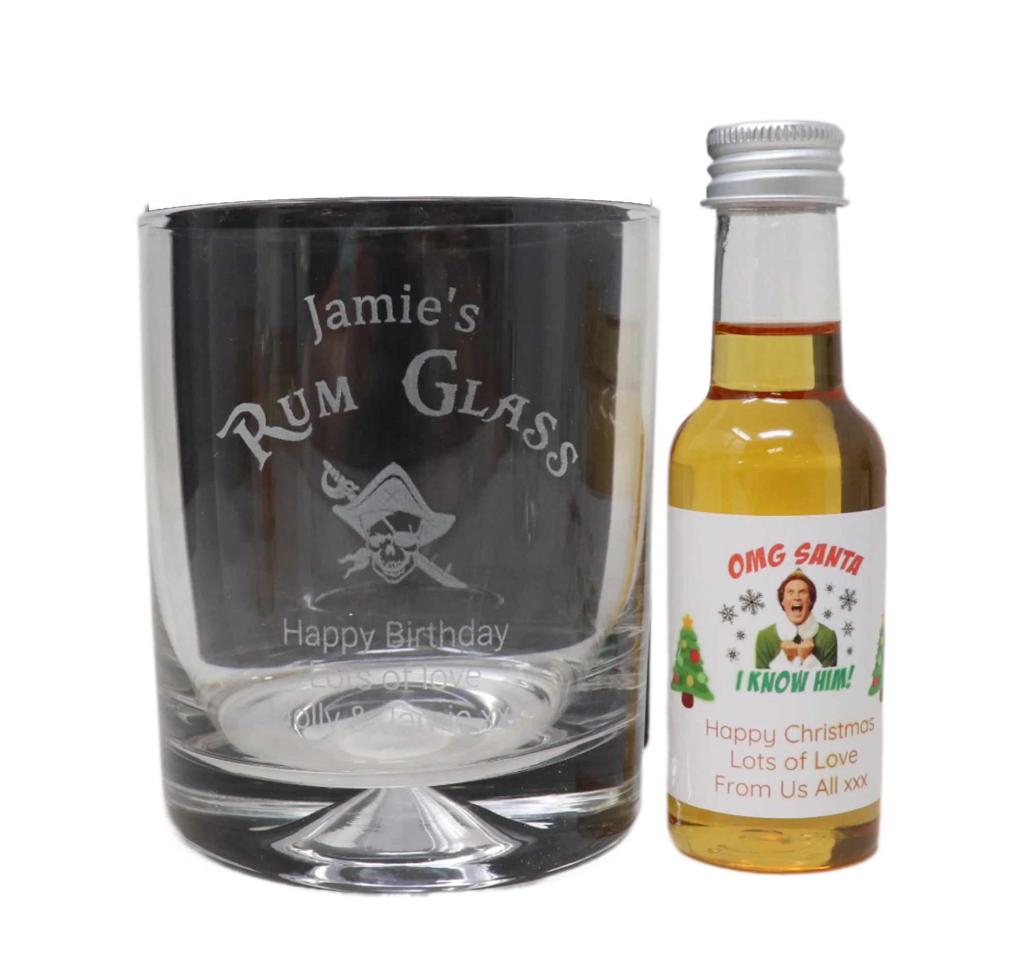 Engraved Rum Glass Tumbler & Personalised Christmas Elf Miniature Spiced Rum - Image 3