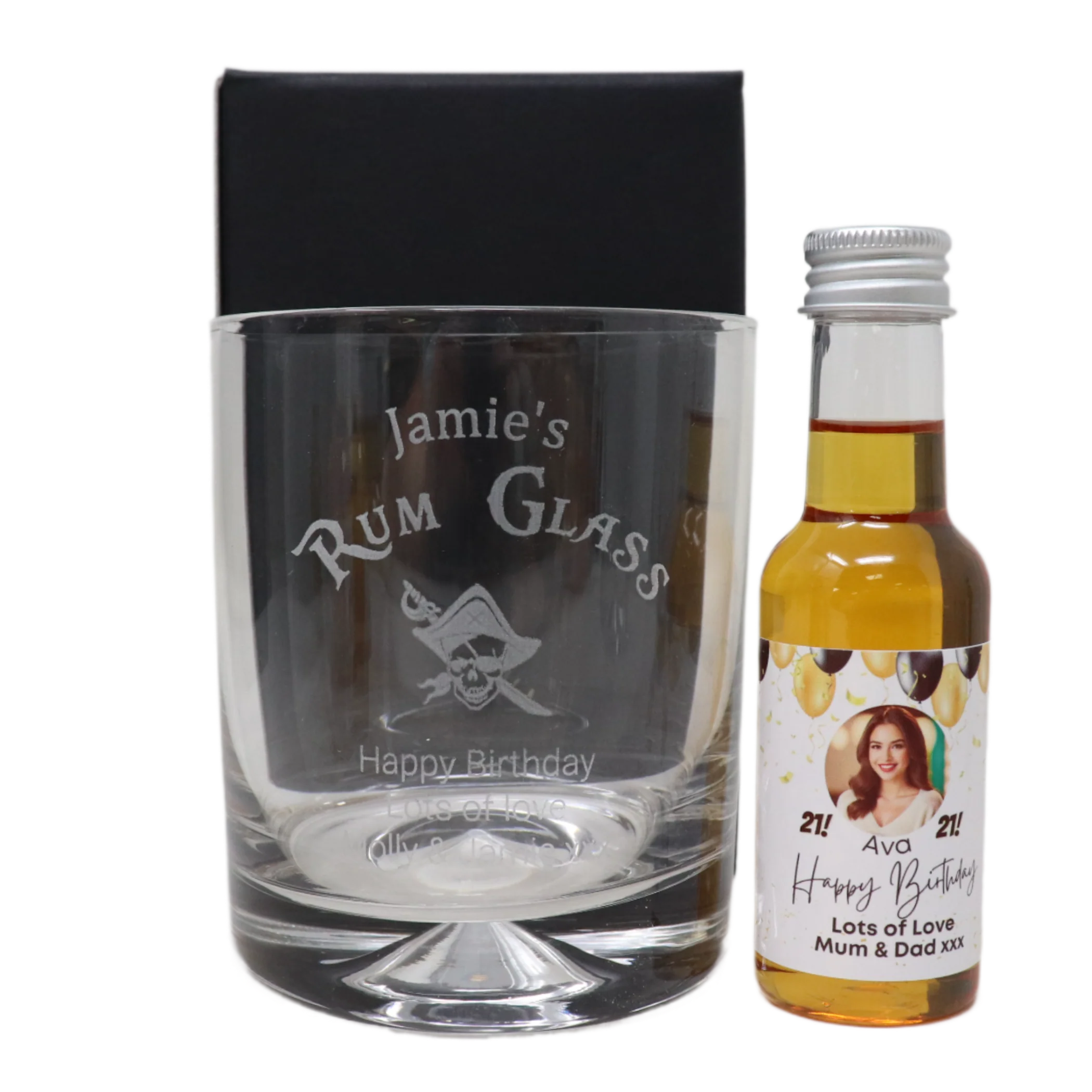 Engraved Rum Glass Tumbler & Personalised Birthday Photo Balloons Miniature Spiced Rum - Image 2