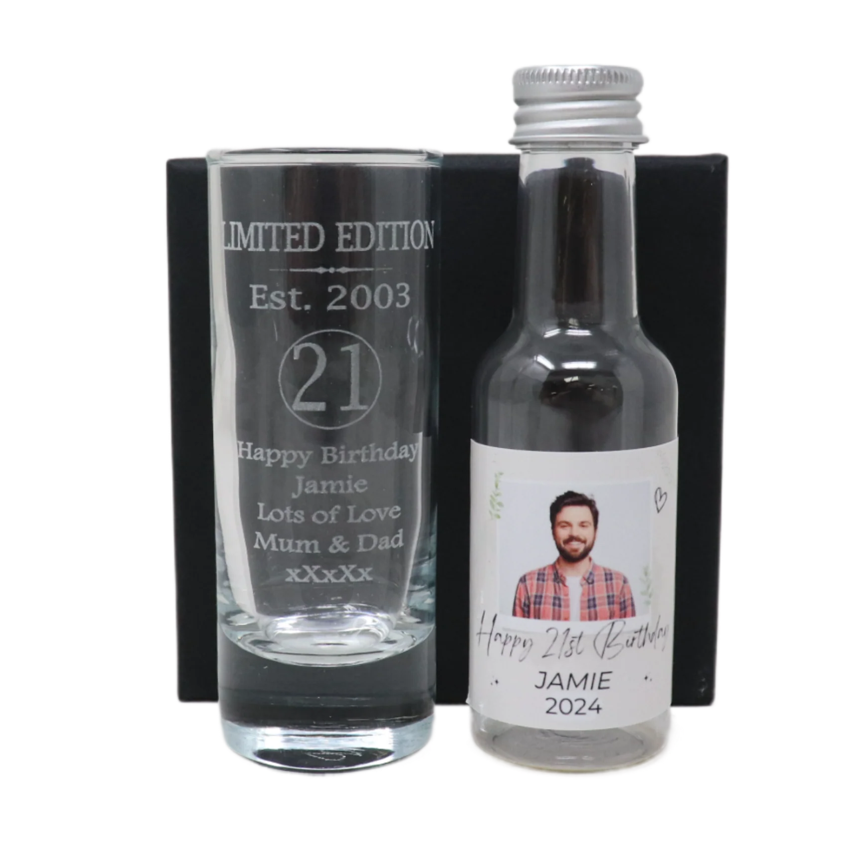 Personalised 21st Birthday Est 2003 Limited Edition Shot Glass & Heart Photo Miniature Alcohol Bottle - Image 4