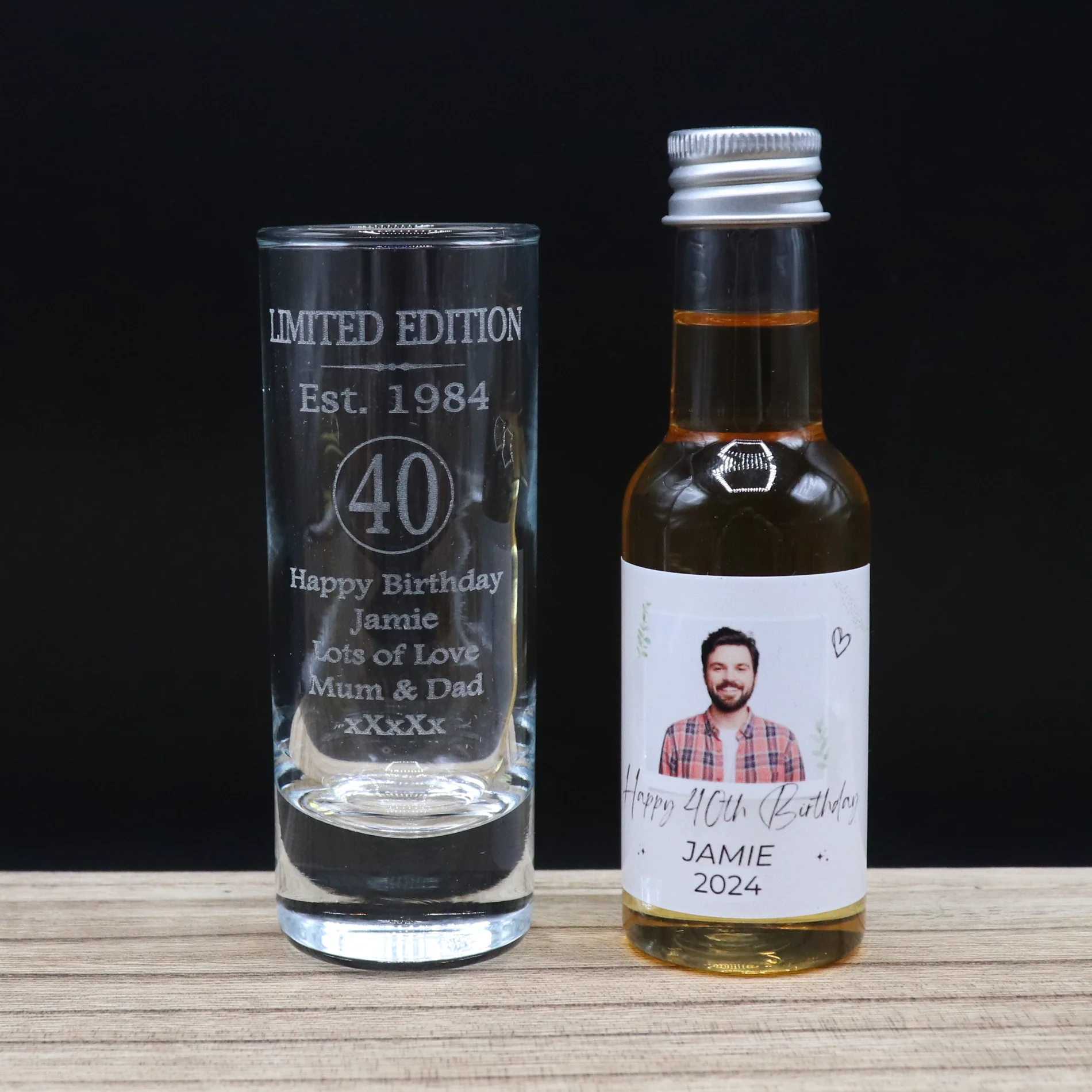 Personalised 40th Birthday Est 1984 Limited Edition Shot Glass & Heart Photo Miniature Alcohol Bottle