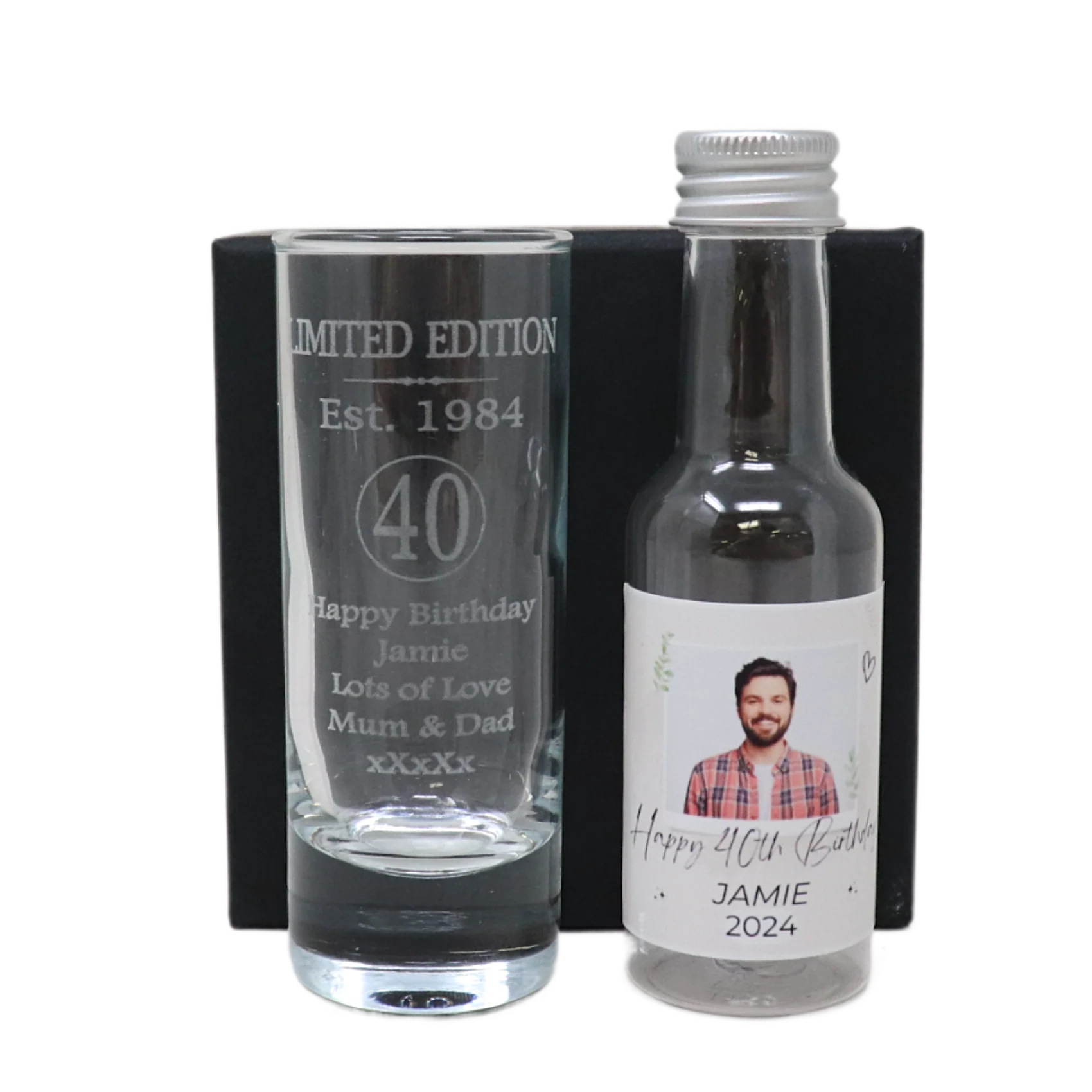 Personalised 40th Birthday Est 1984 Limited Edition Shot Glass & Heart Photo Miniature Alcohol Bottle - Image 2
