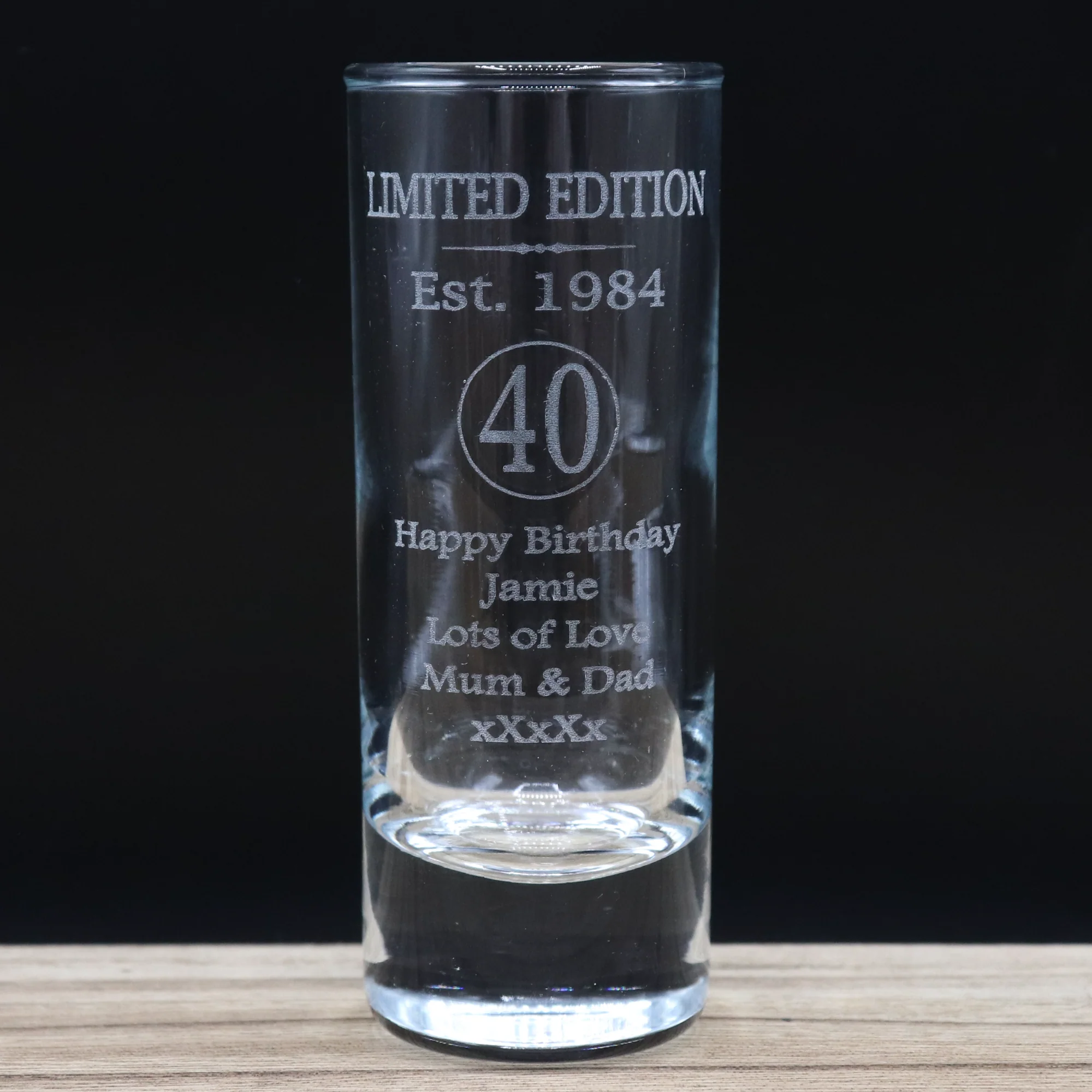 Personalised 40th Birthday Est 1984 Limited Edition Shot Glass & Heart Photo Miniature Alcohol Bottle - Image 3