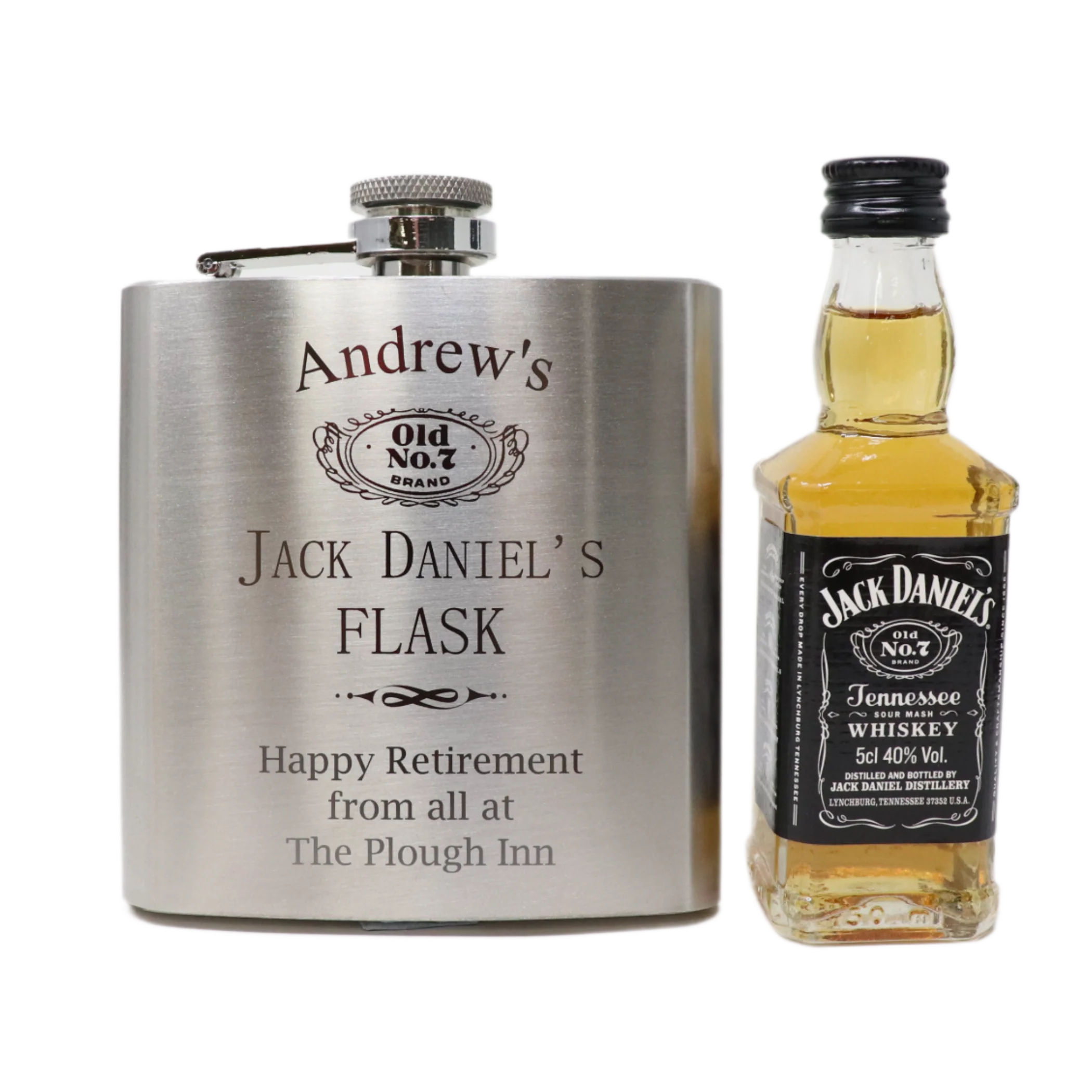 Personalised Silver Hip Flask & Miniature Alcohol - Jack Daniels Design - Image 3