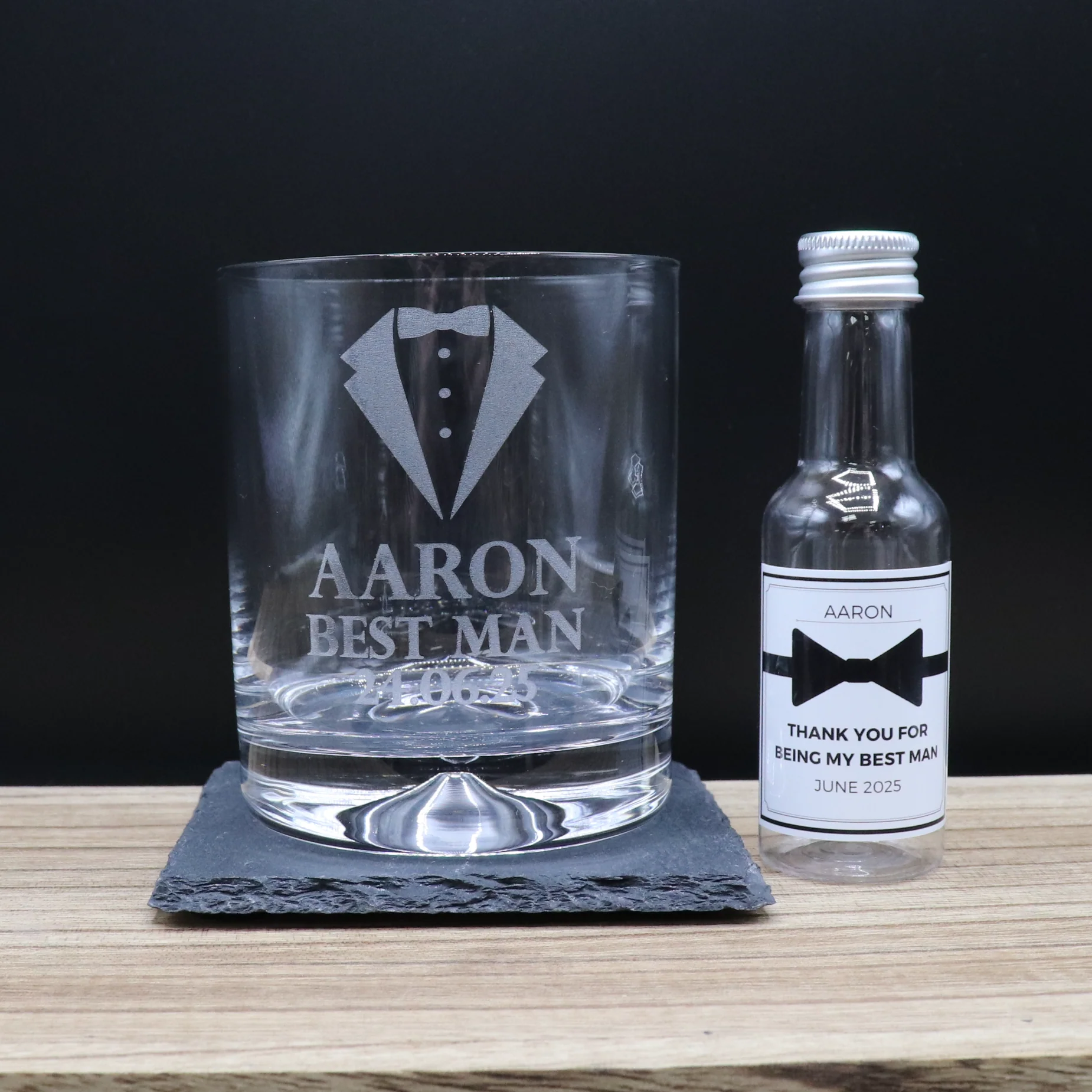 Personalised Best Man Wedding Glass Tumbler & Bow Tie Miniature Alcohol Gift Set - Image 2