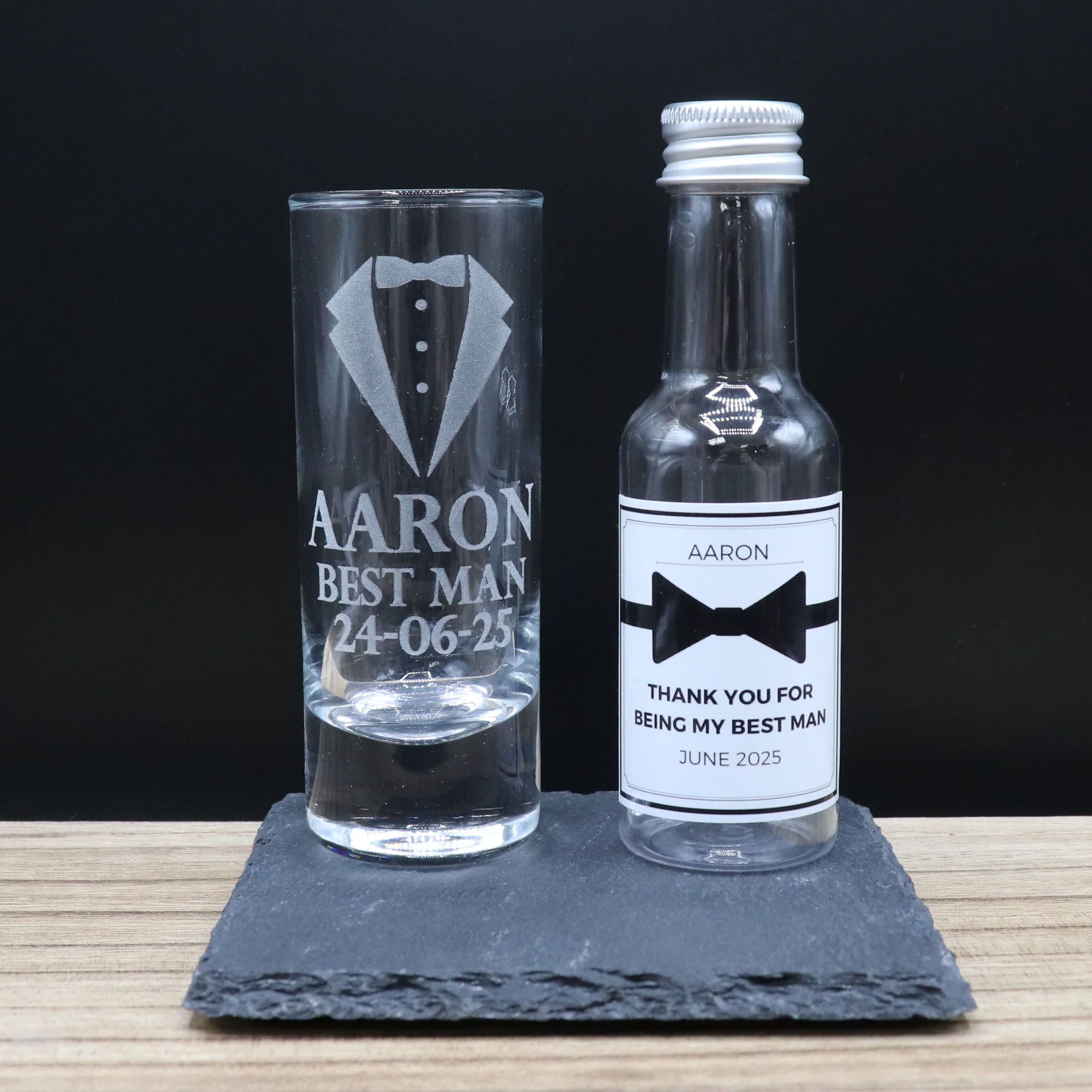 Personalised Best Man Wedding Shot Glass & Bow Tie Miniature Alcohol Gift Set - Image 2