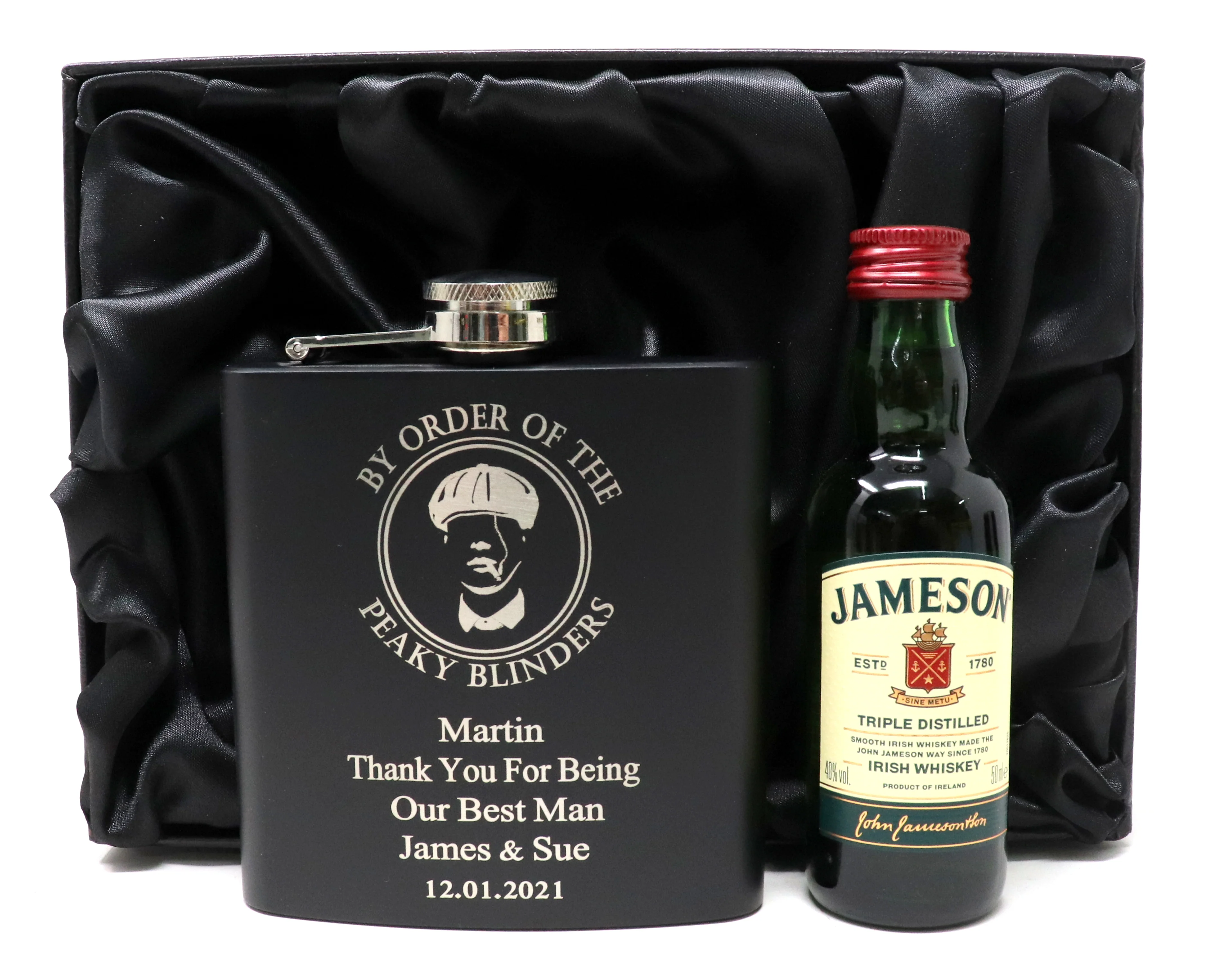 Personalised Black Hip Flask & Miniature in Gift Box - Peaky Blinders Design - Image 3
