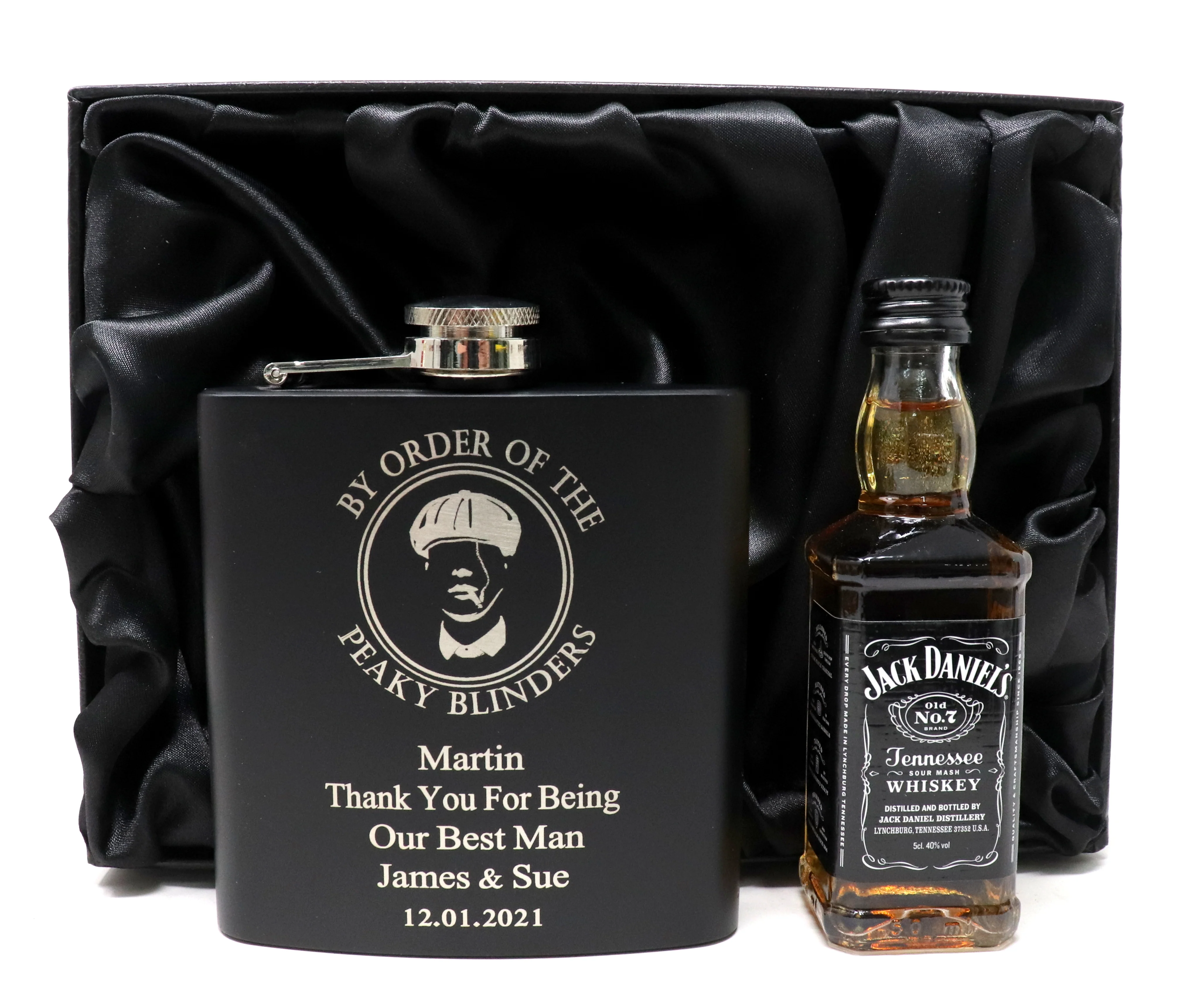 Personalised Black Hip Flask & Miniature in Gift Box - Peaky Blinders Design - Image 4