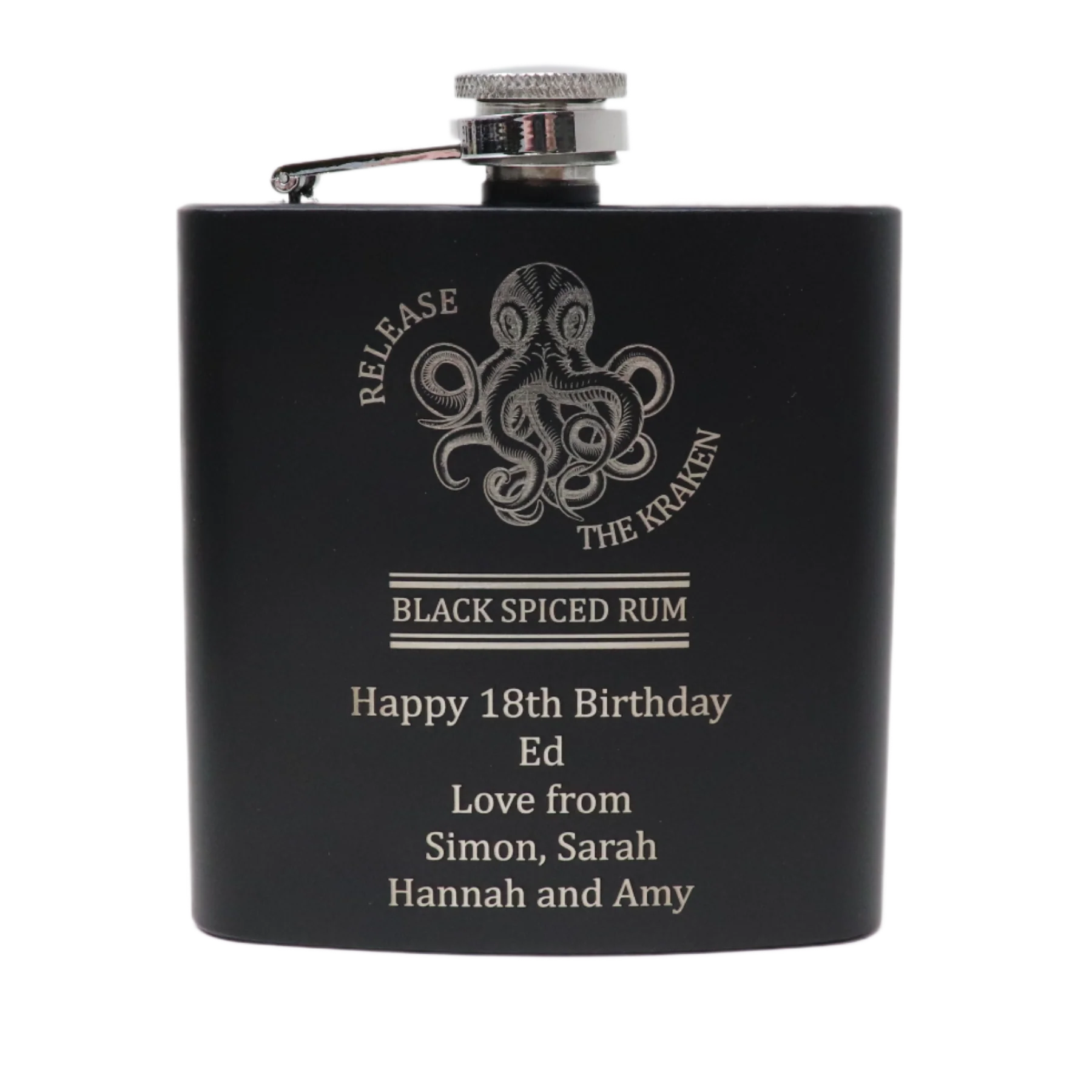 Personalised Black Hip Flask - Kraken Rum Octopus Design