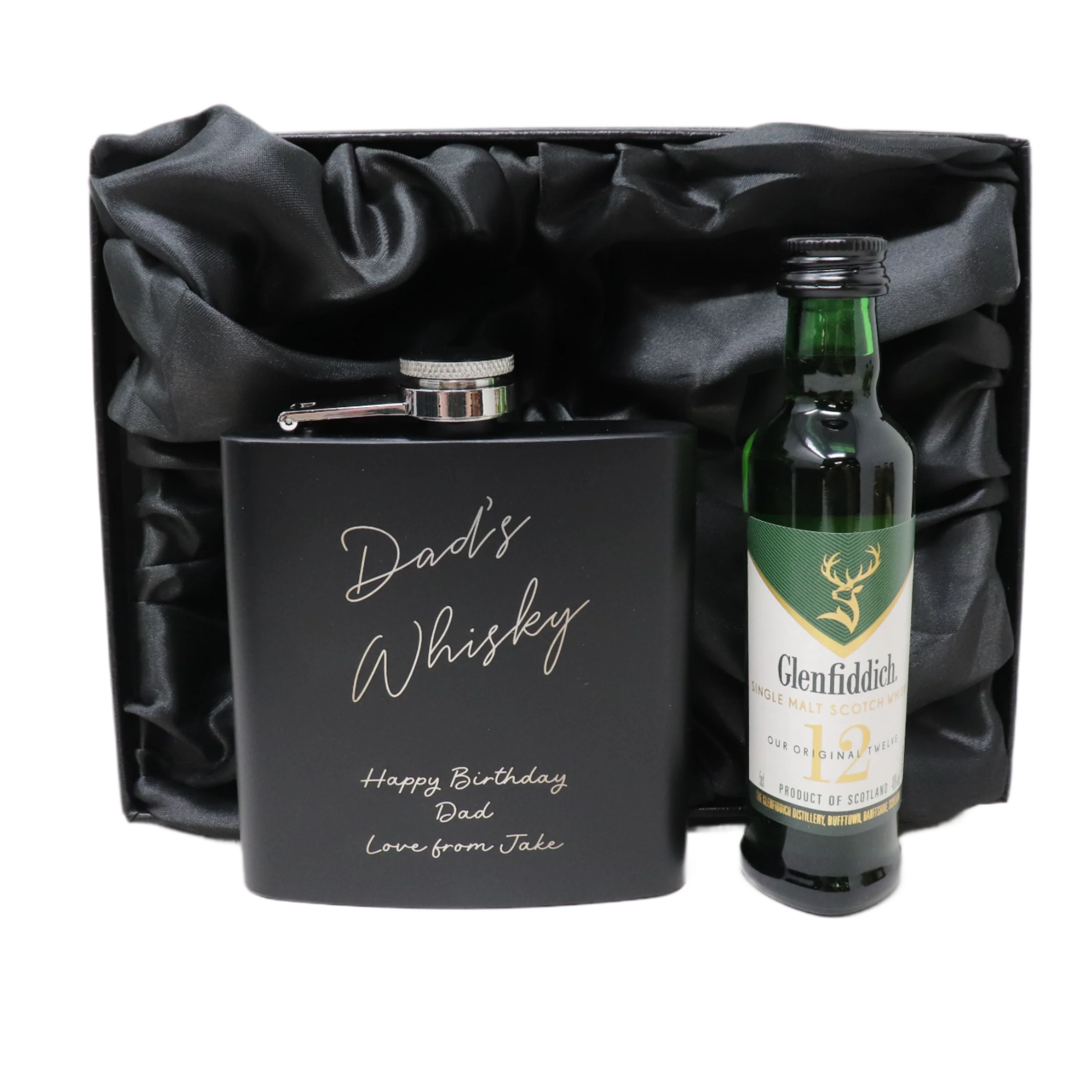Personalised Black Hip Flask & Miniature Alcohol - Whisky Design - Image 2