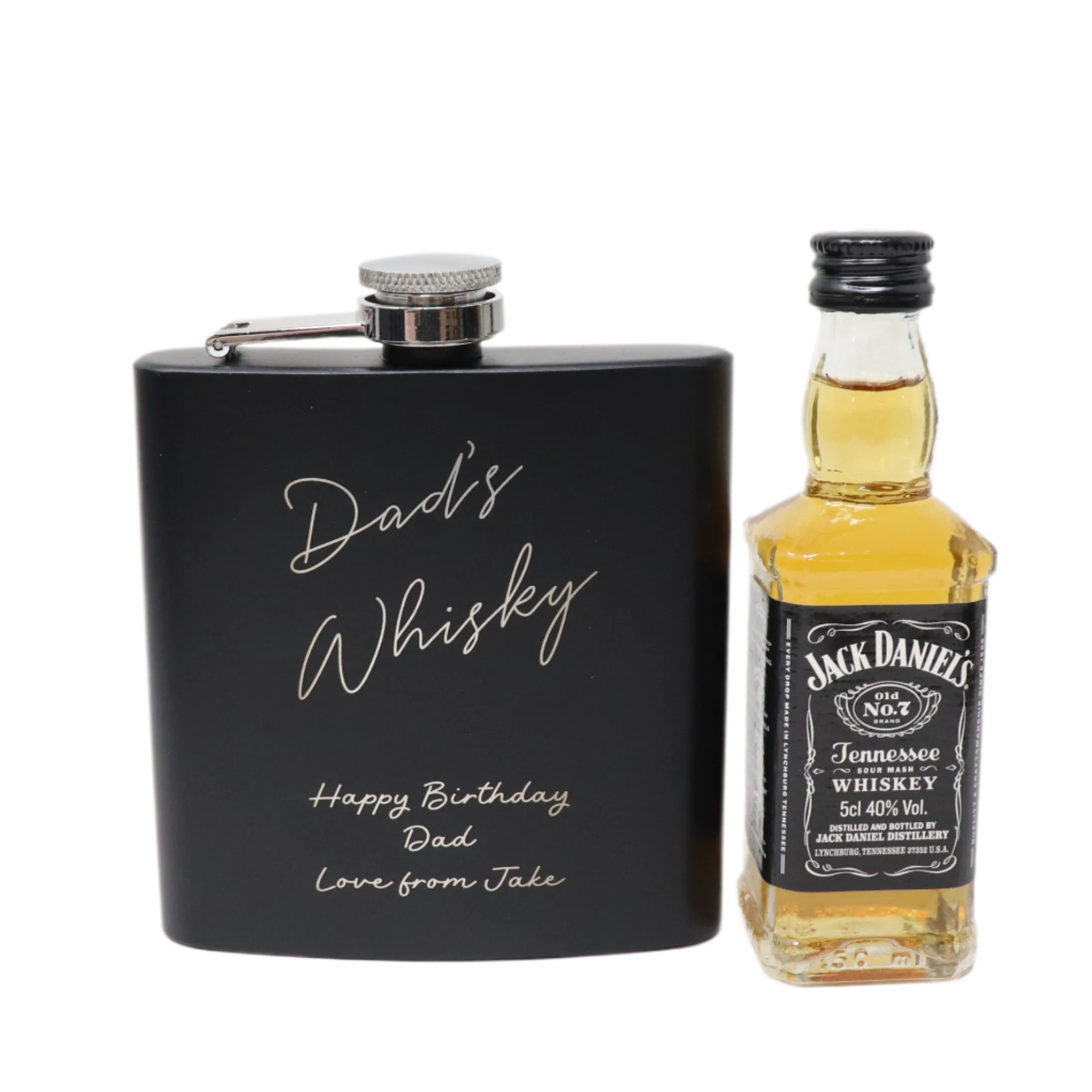 Personalised Black Hip Flask & Miniature Alcohol - Whisky Design - Image 3