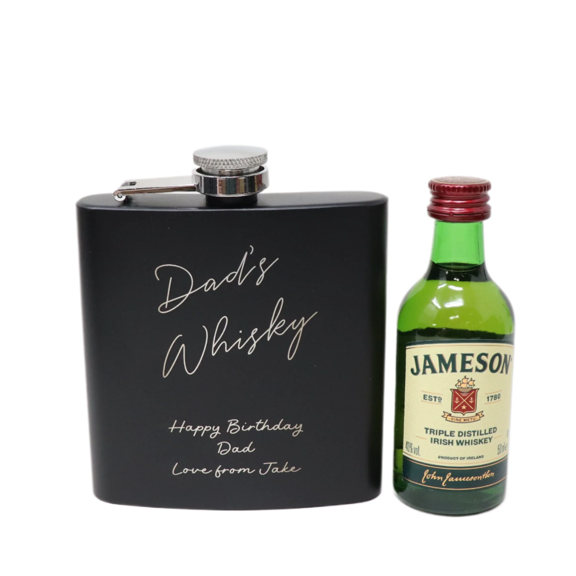 Personalised Black Hip Flask & Miniature Alcohol - Whisky Design - Image 7
