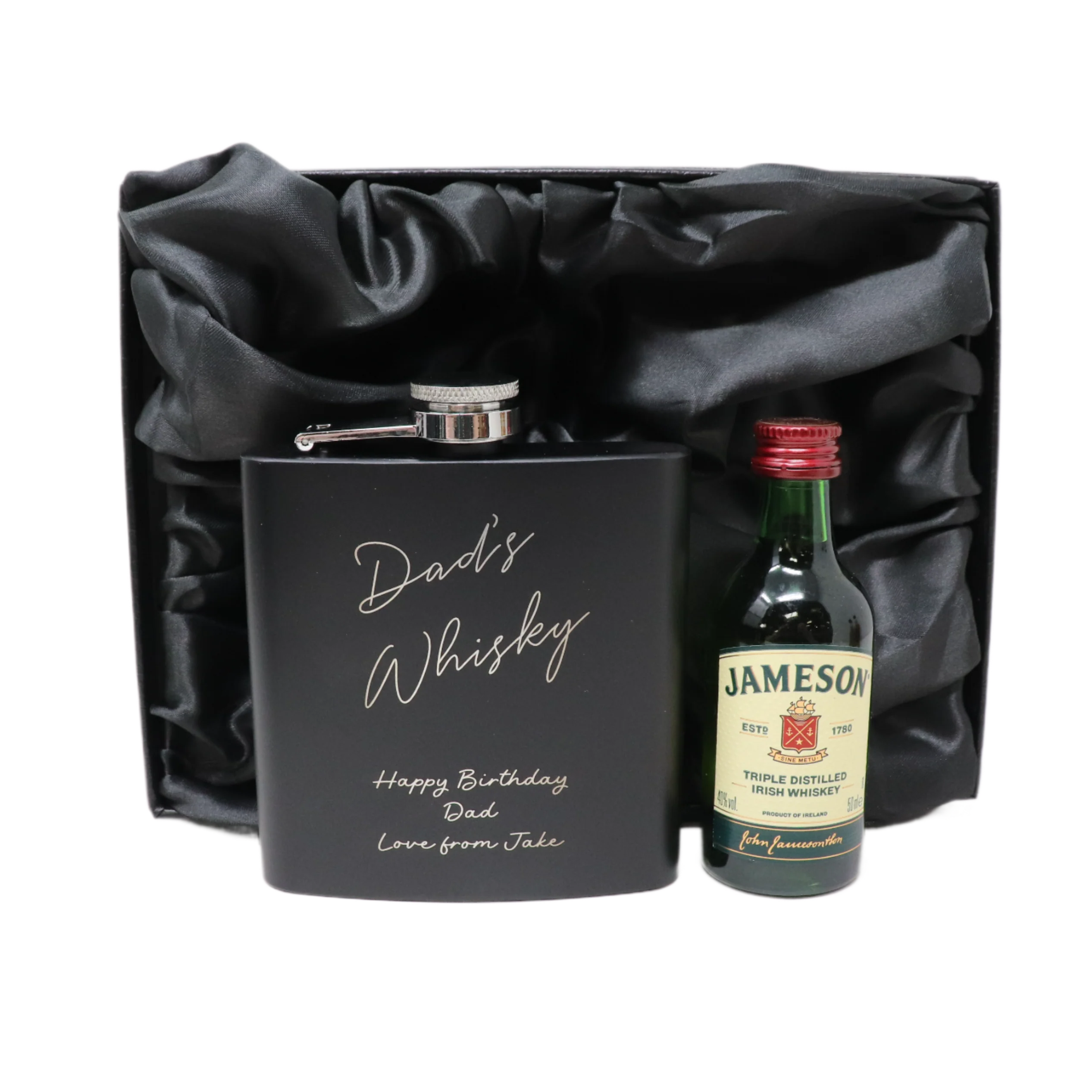 Personalised Black Hip Flask & Miniature Alcohol - Whisky Design - Image 8