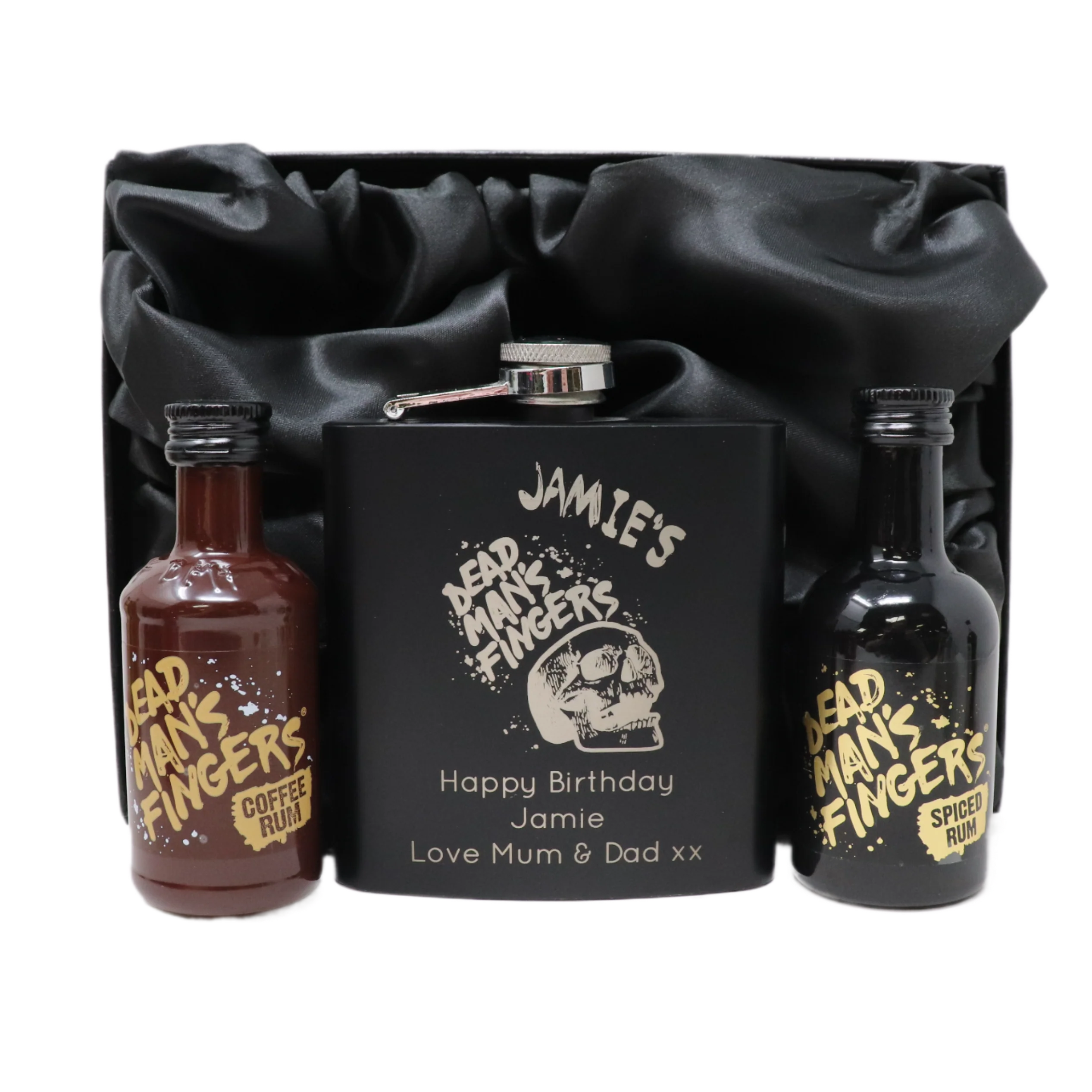 Personalised Black Hip Flask & Miniature Alcohol - Dead Man's Fingers Rum Design - Image 10