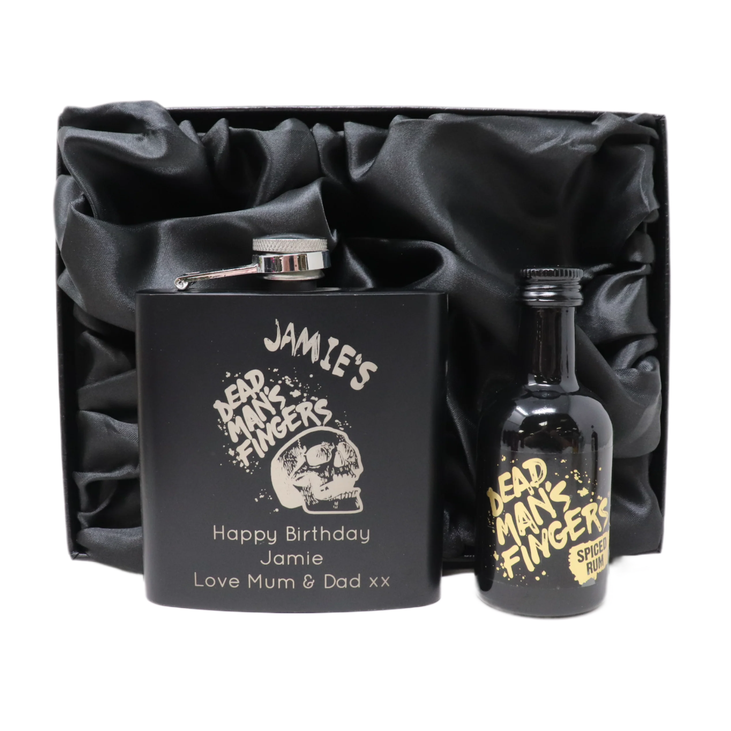 Personalised Black Hip Flask & Miniature Alcohol - Dead Man's Fingers Rum Design - Image 3