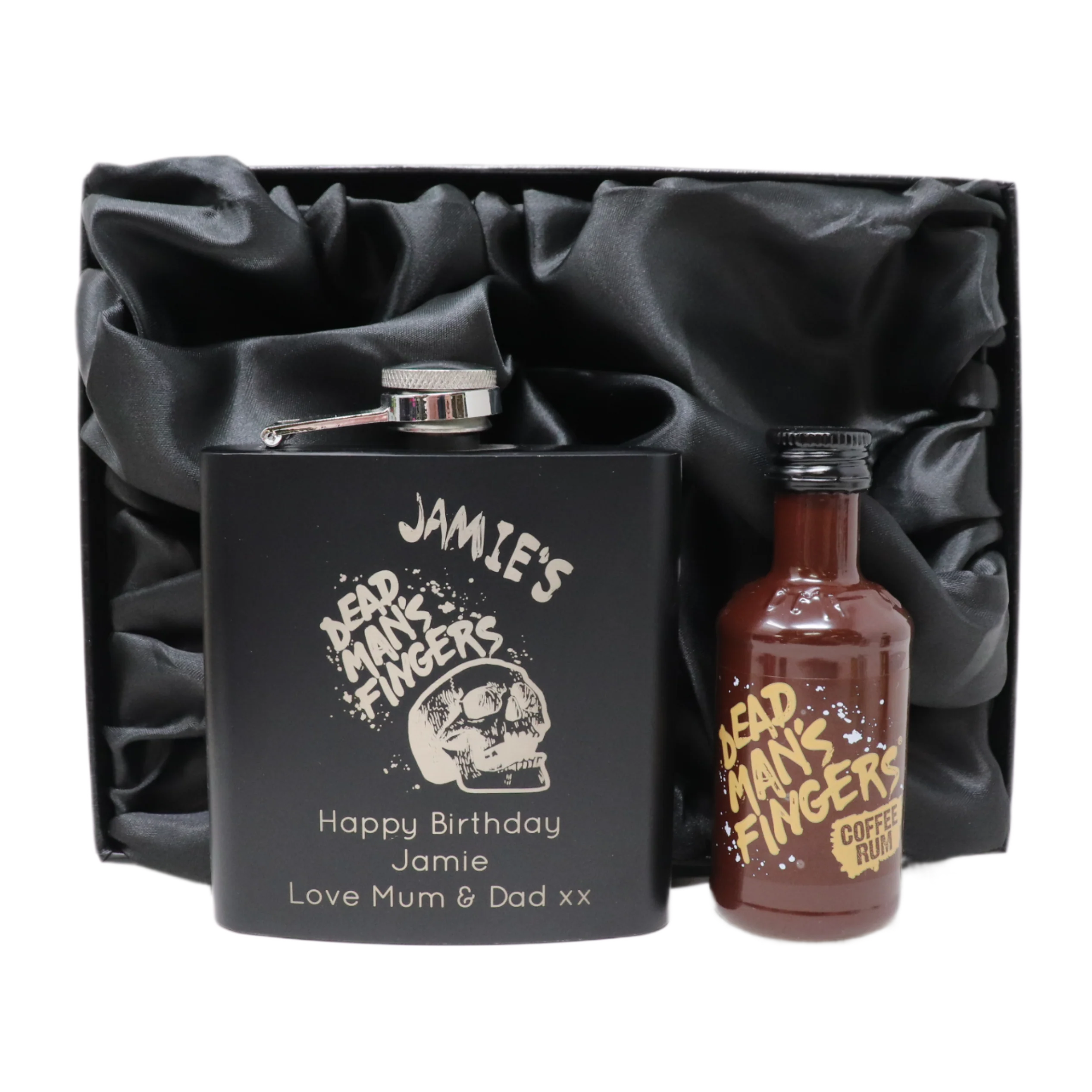 Personalised Black Hip Flask & Miniature Alcohol - Dead Man's Fingers Rum Design - Image 4