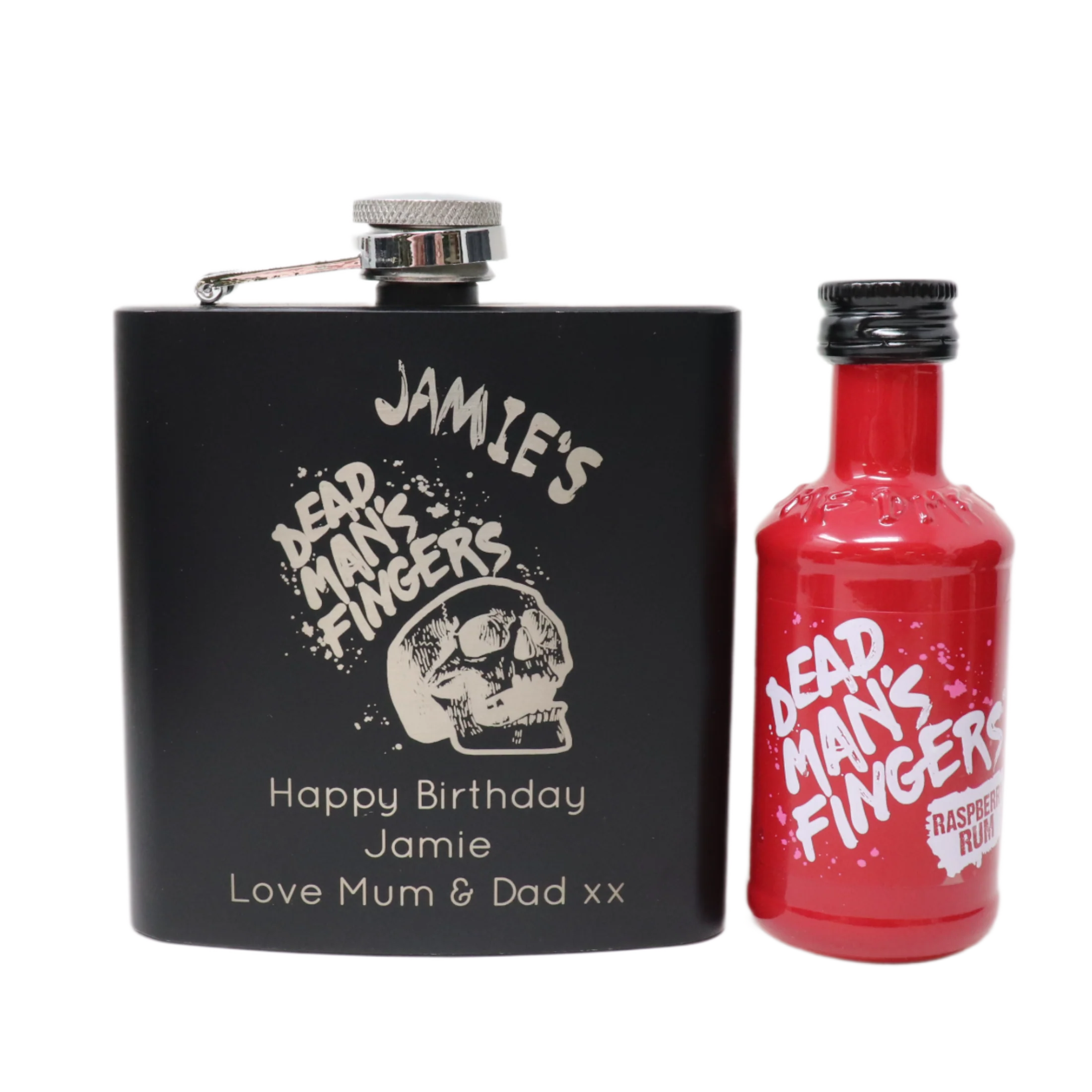 Personalised Black Hip Flask & Miniature Alcohol - Dead Man's Fingers Rum Design - Image 5