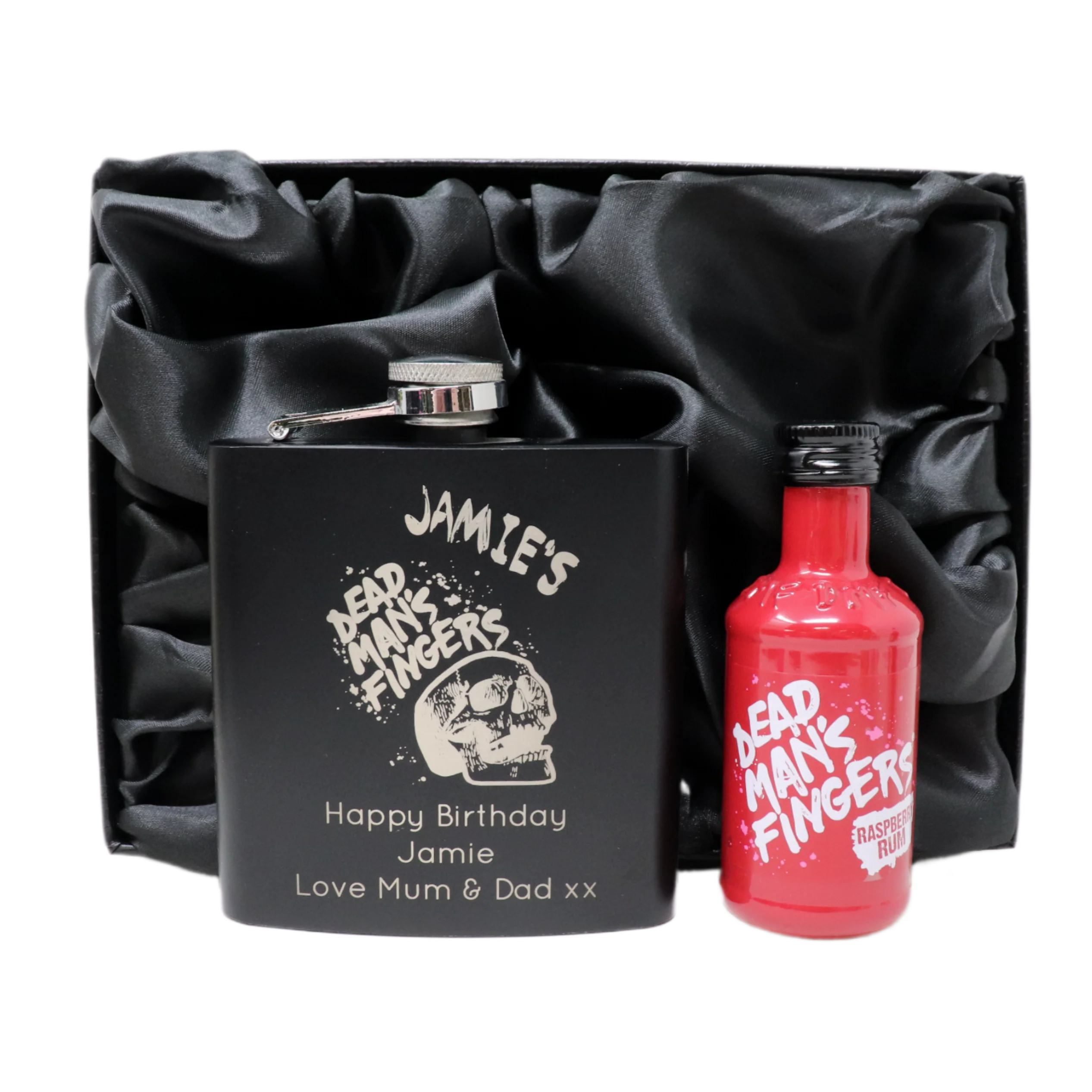 Personalised Black Hip Flask & Miniature Alcohol - Dead Man's Fingers Rum Design - Image 6