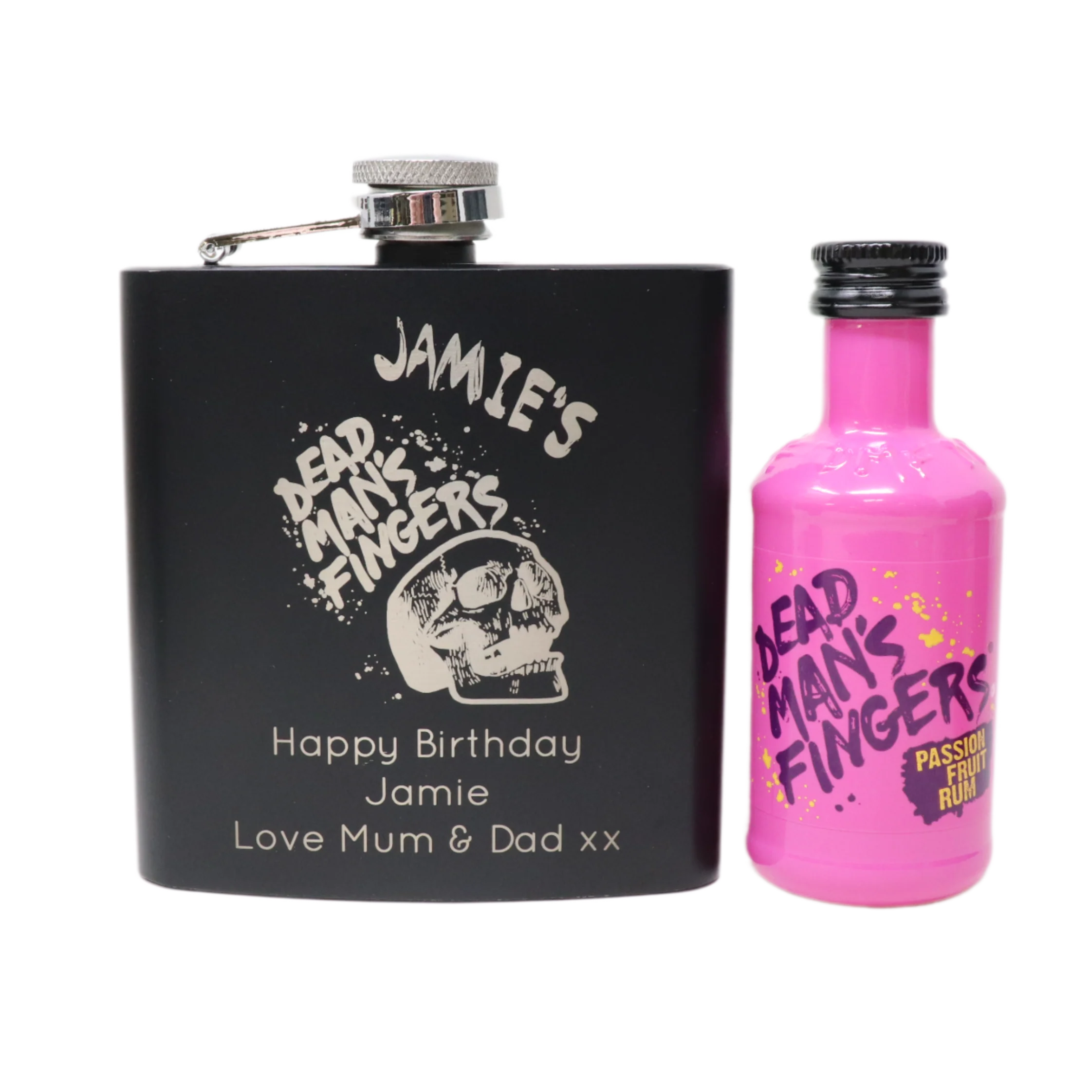 Personalised Black Hip Flask & Miniature Alcohol - Dead Man's Fingers Rum Design - Image 7