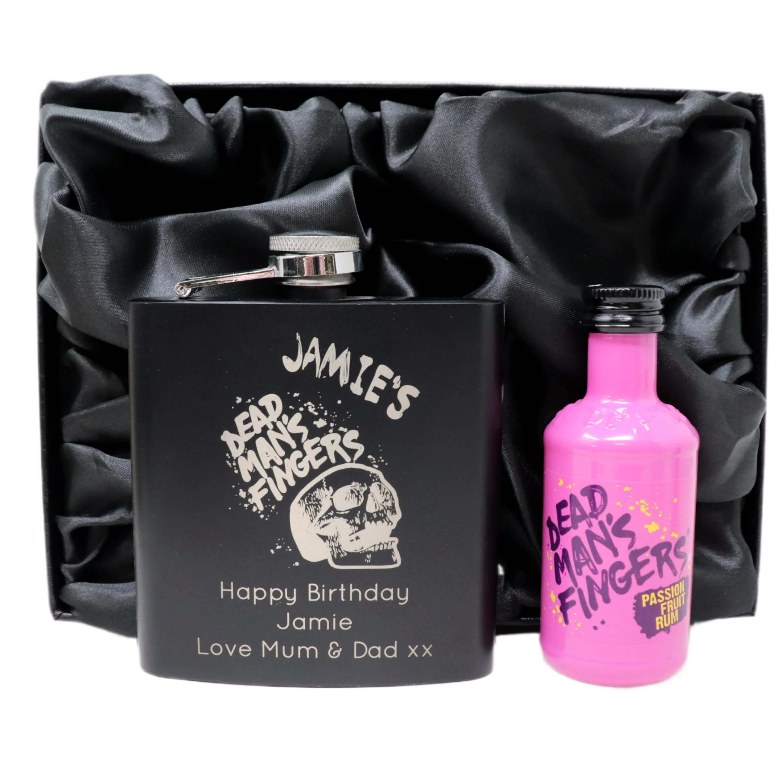 Personalised Black Hip Flask & Miniature Alcohol - Dead Man's Fingers Rum Design - Image 8