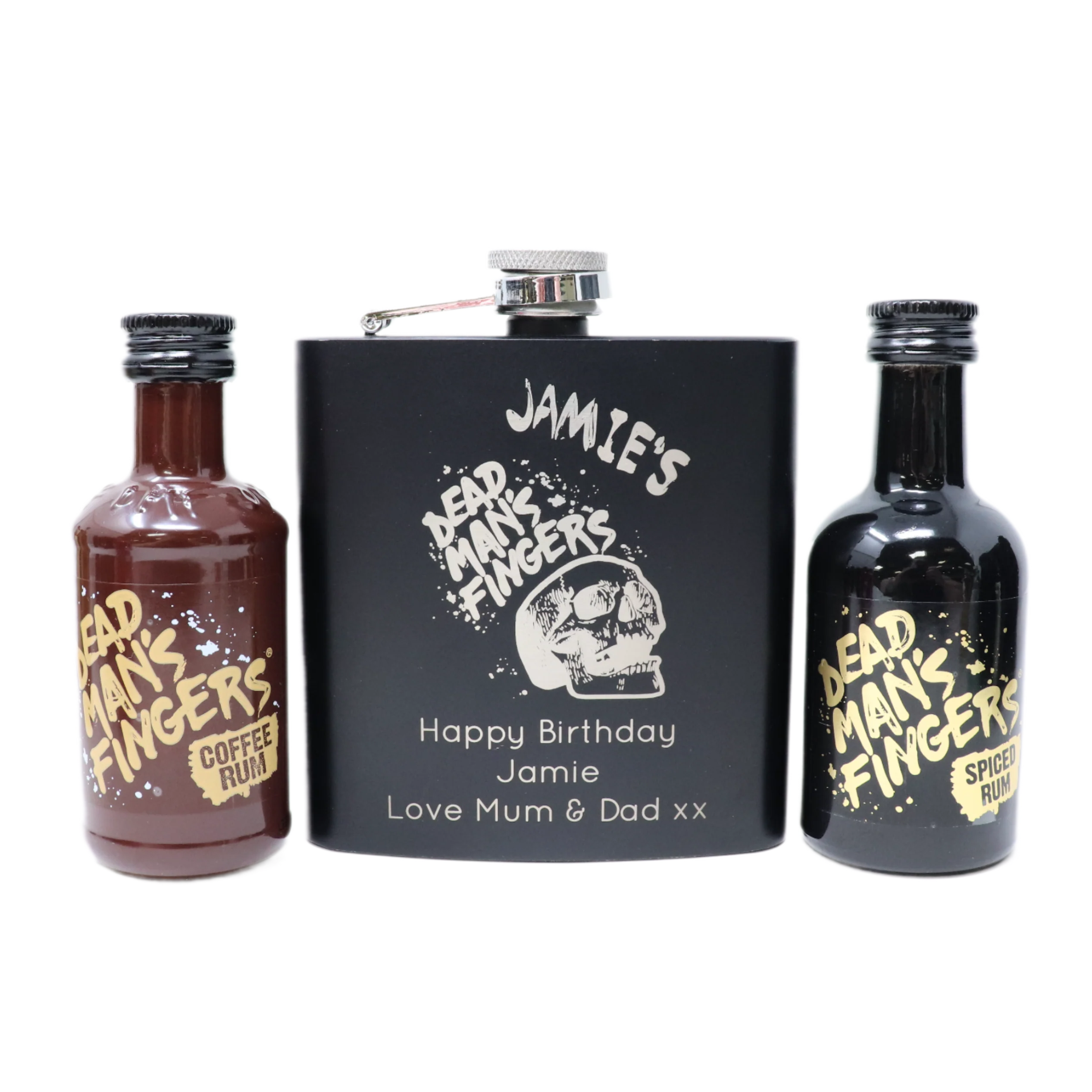 Personalised Black Hip Flask & Miniature Alcohol - Dead Man's Fingers Rum Design - Image 9