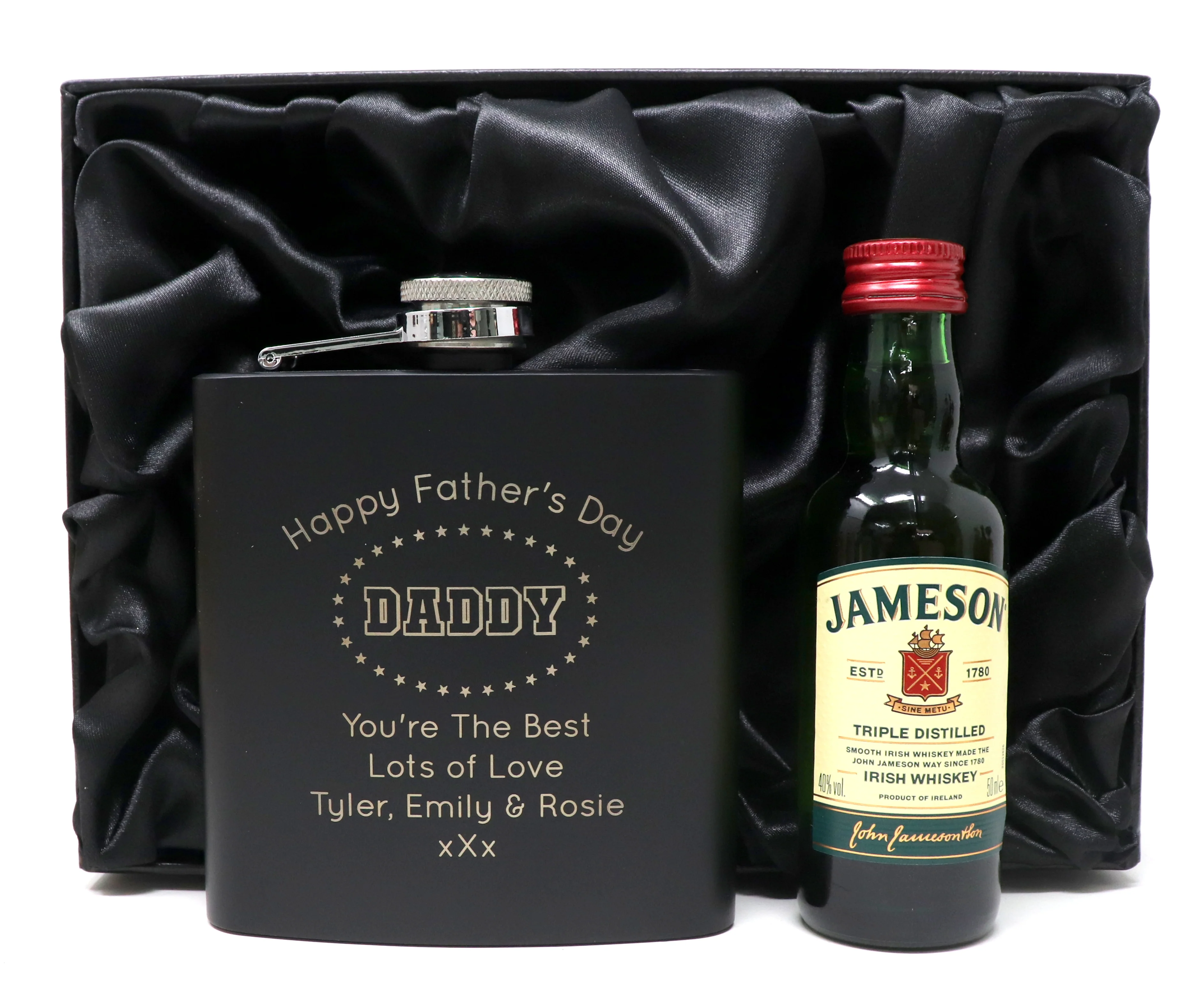 Personalised Black Hip Flask & Miniature - Father's Day Design - Image 4