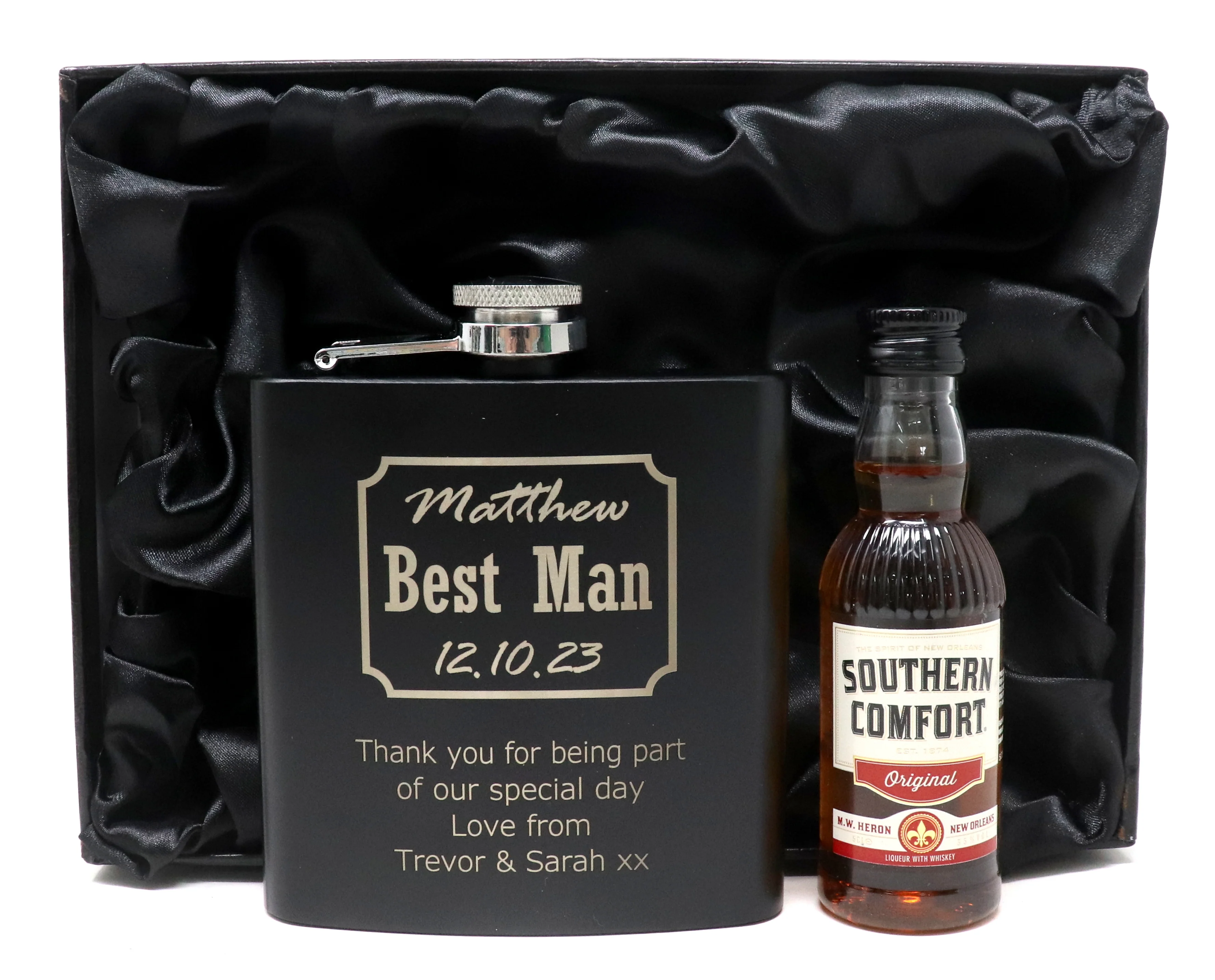 Personalised Best Man Wedding Black Hip Flask & Miniature Alcohol in Gift Box - Image 4