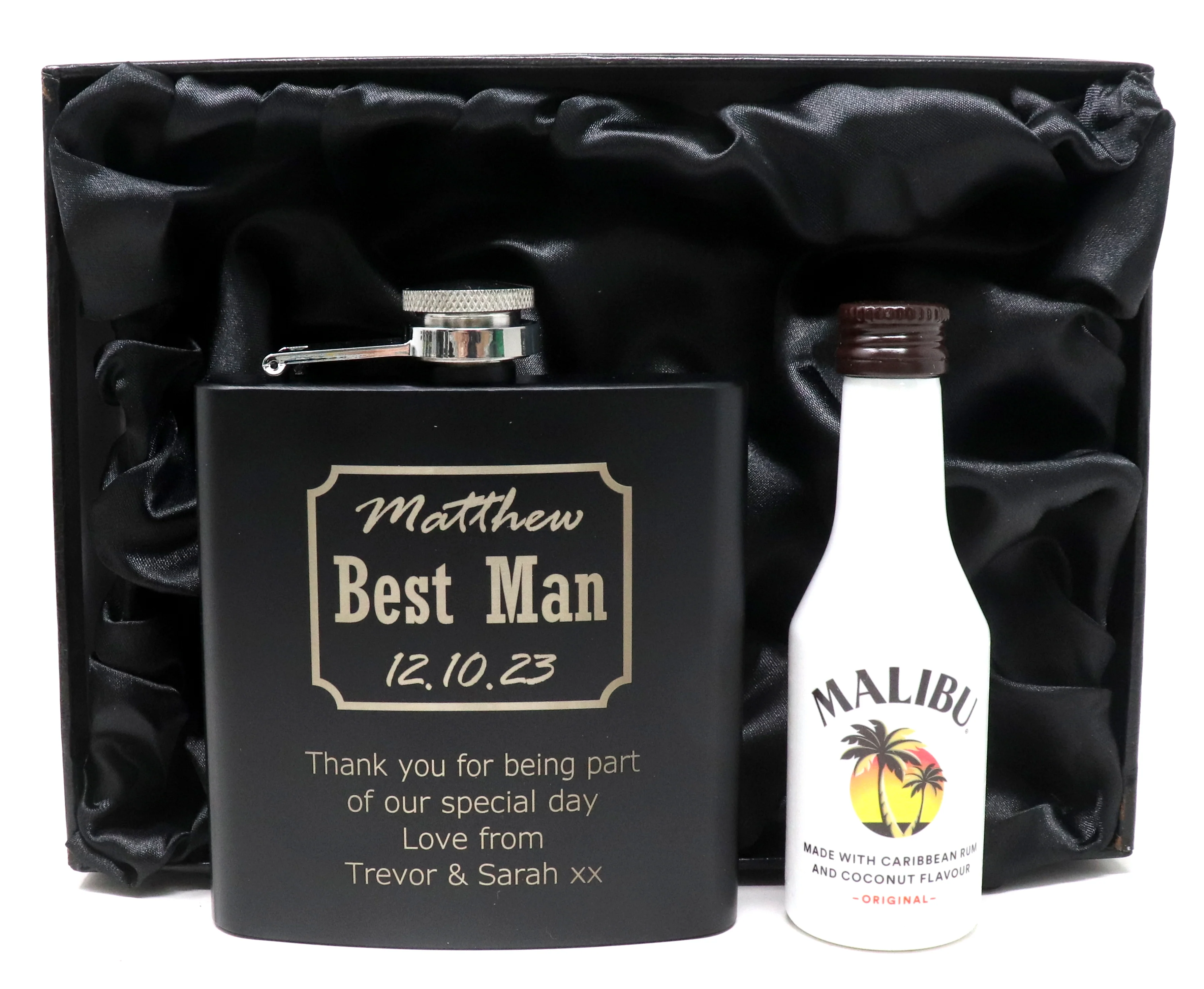 Personalised Best Man Wedding Black Hip Flask & Miniature Alcohol in Gift Box - Image 5