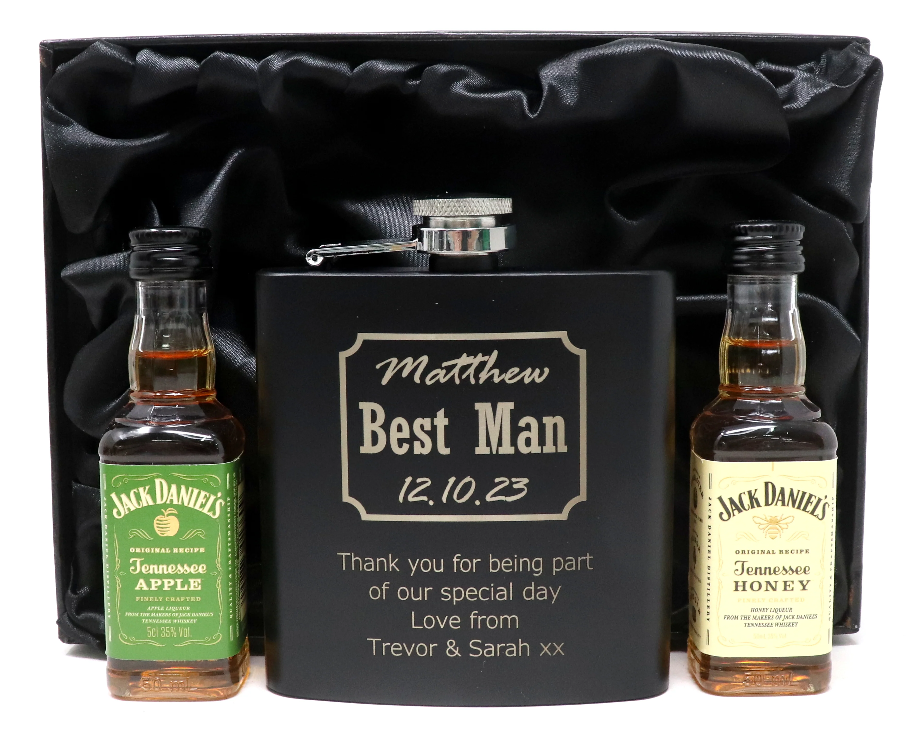 Personalised Best Man Wedding Black Hip Flask & Miniature Alcohol in Gift Box - Image 9