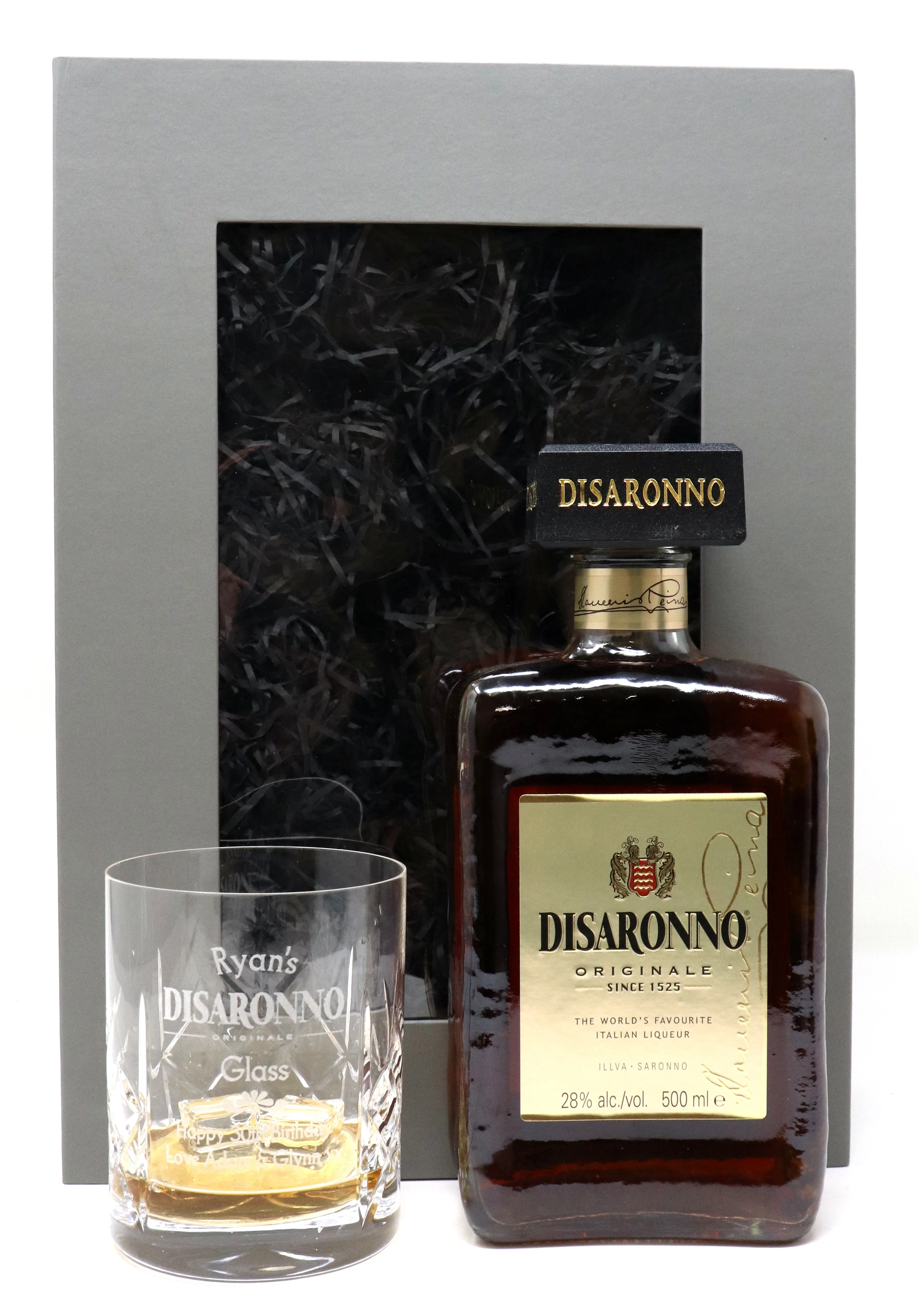 Personalised Crystal Glass Tumbler & Amaretto - Disaronno Design - Image 2