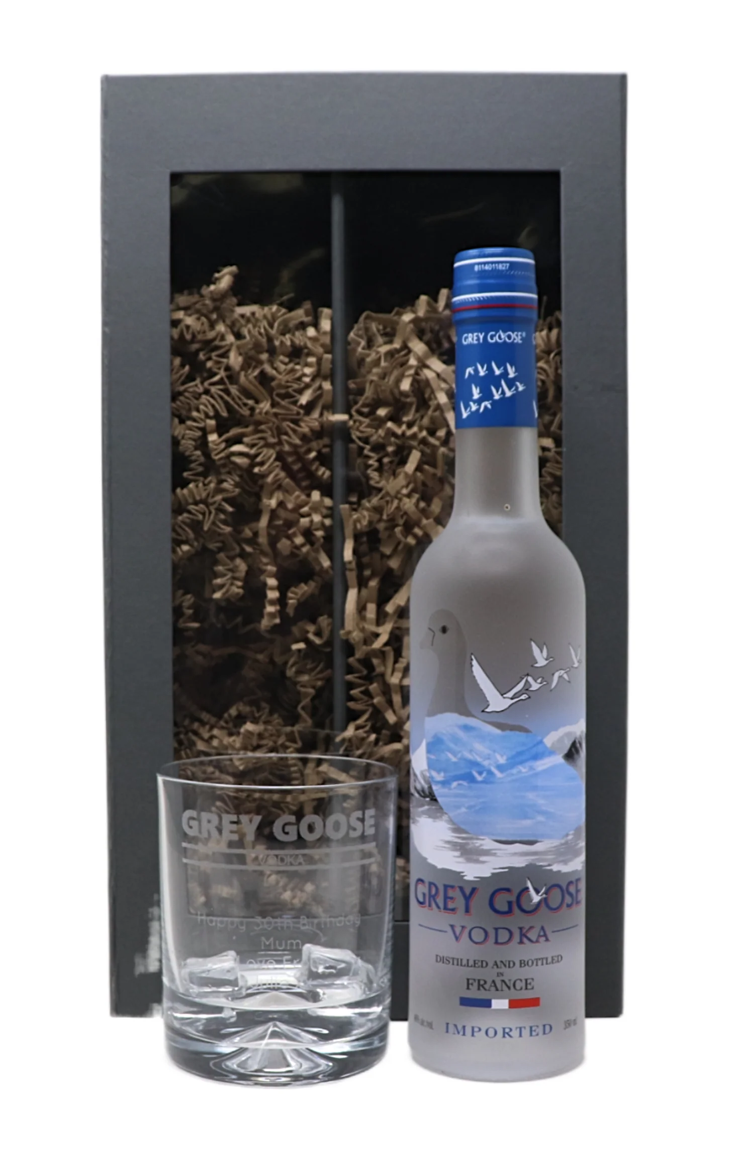 Personalised Glass Tumbler & Bottle of Vodka - Grey Goose Banner Design - Image 2