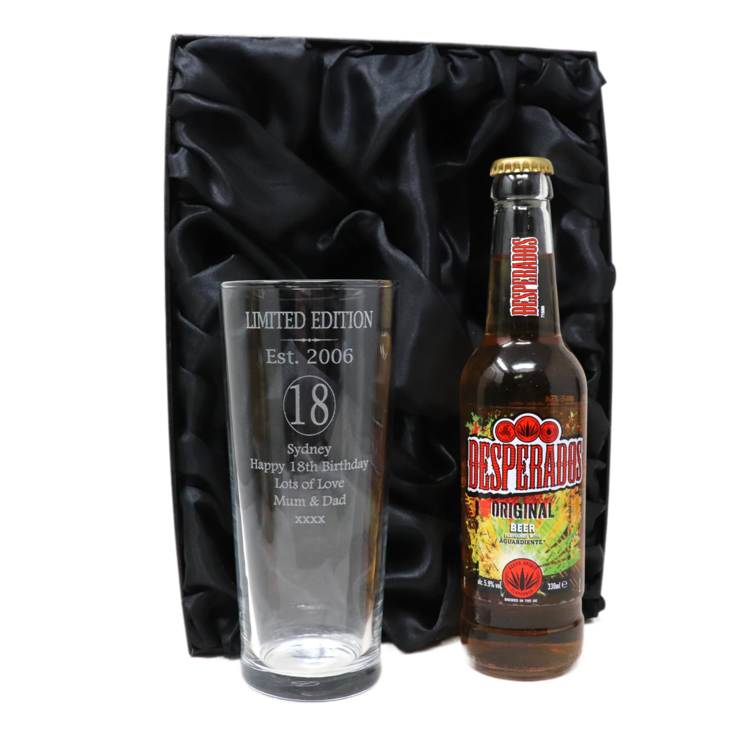 Personalised 18th Birthday Est 2006 Pint Glass & Bottle Gift Set In Silk Gift Box - Image 3