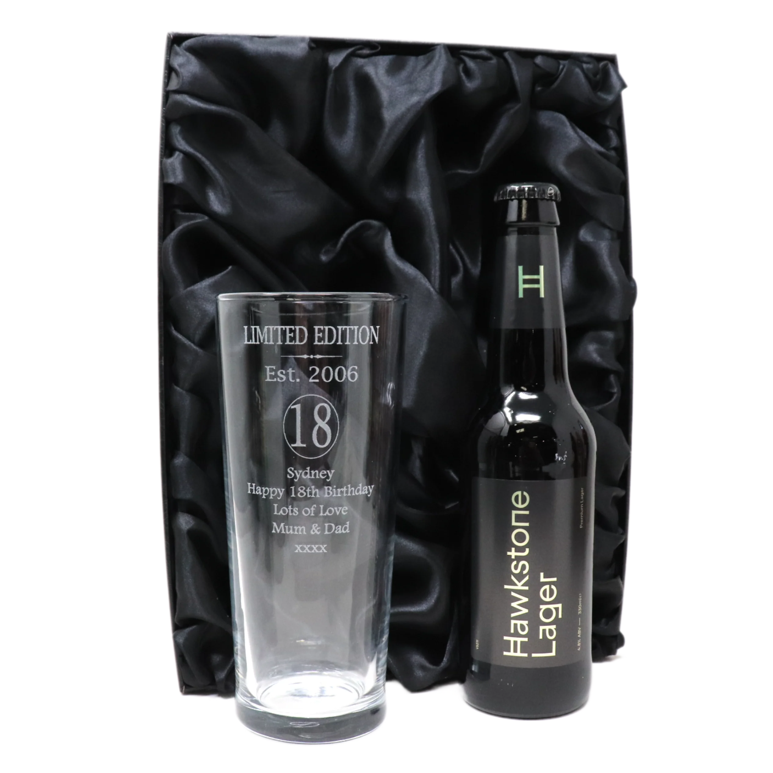 Personalised 18th Birthday Est 2006 Pint Glass & Bottle Gift Set In Silk Gift Box - Image 6
