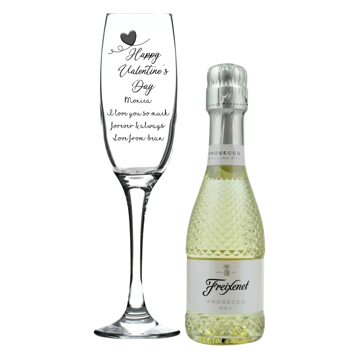 Personalised Fusion Flute & 20cl Freixenet Prosecco in Silk Gift Box - Valentine's Design