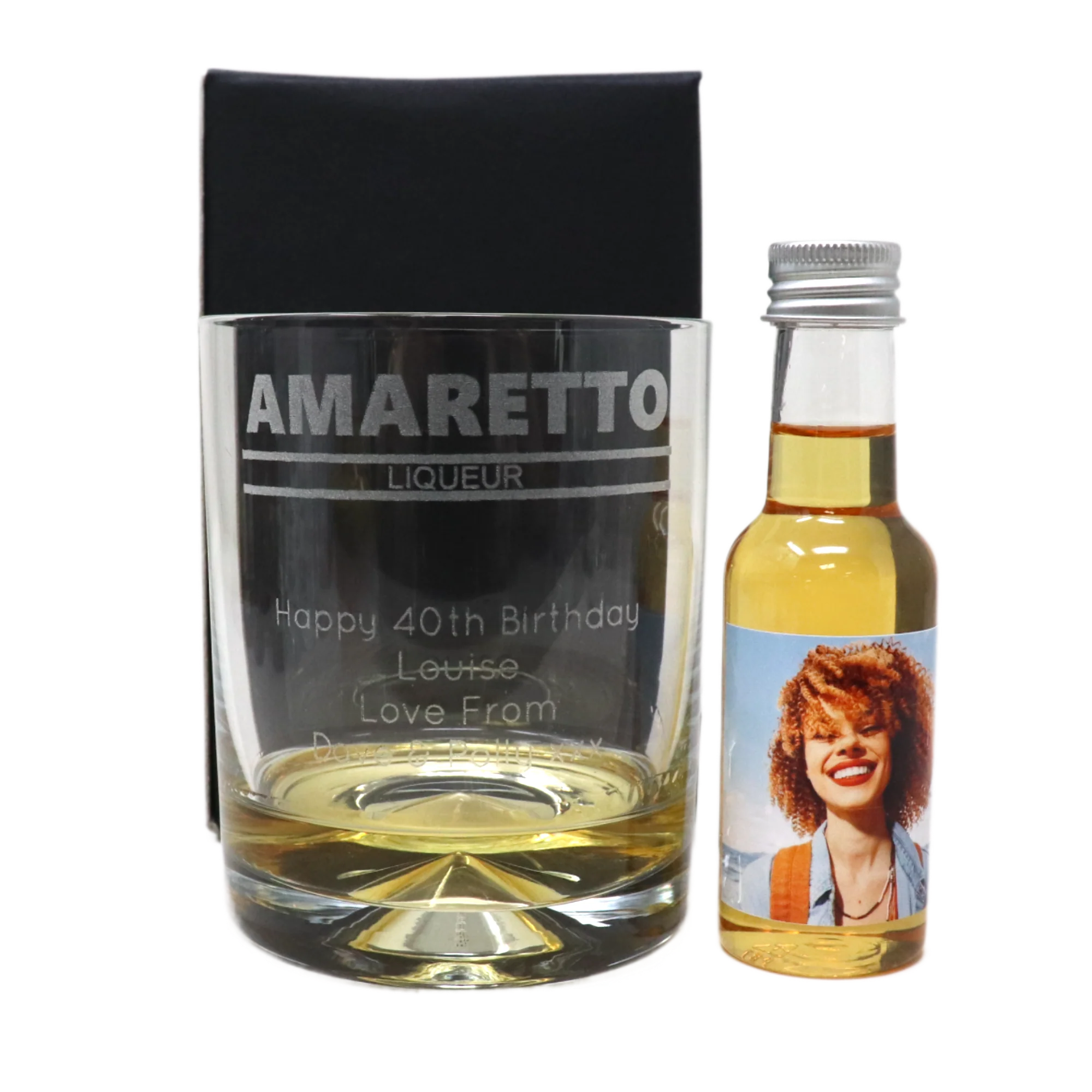 Personalised Amaretto Glass Tumbler & Photo Design Miniature Bottle of Amaretto - Image 2