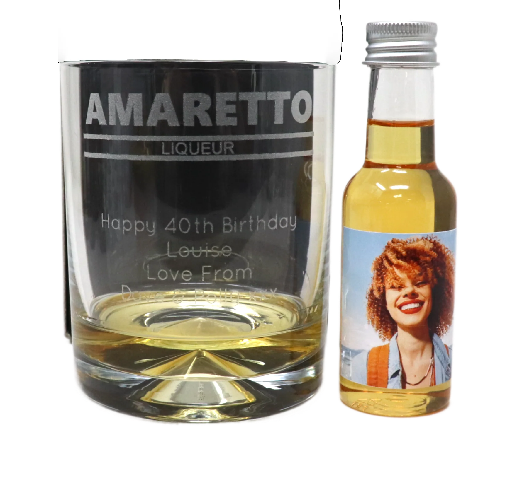 Personalised Amaretto Glass Tumbler & Photo Design Miniature Bottle of Amaretto - Image 4