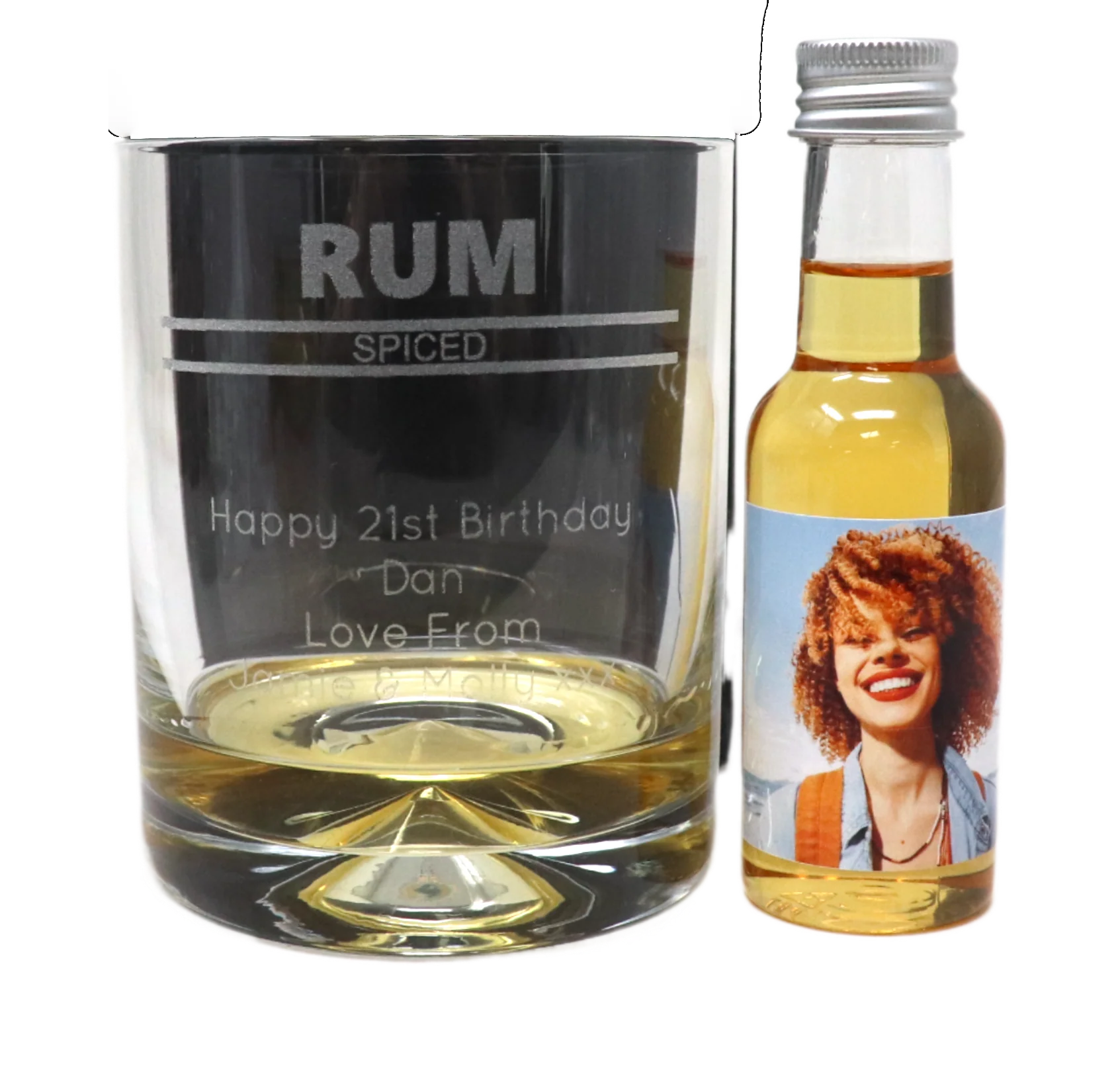 Personalised Rum Glass Tumbler & Photo Design Miniature Bottle of Spiced Rum - Image 2