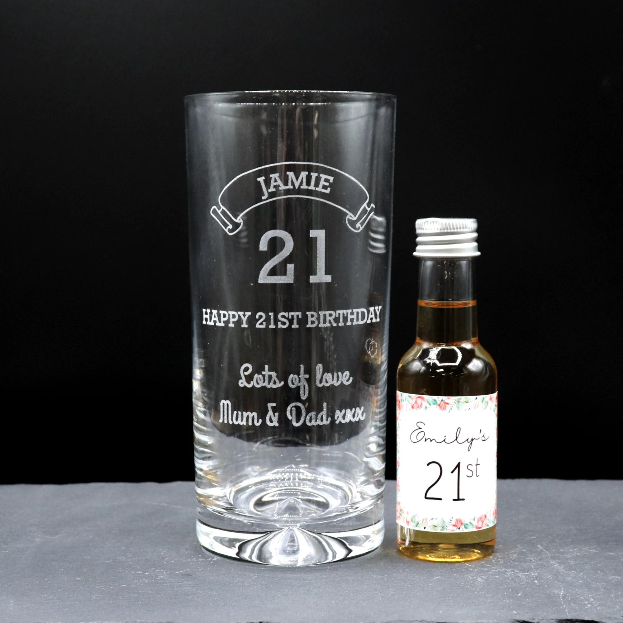 Personalised Birthday Age Highball Glass & Roses Miniature Alcohol Bottle