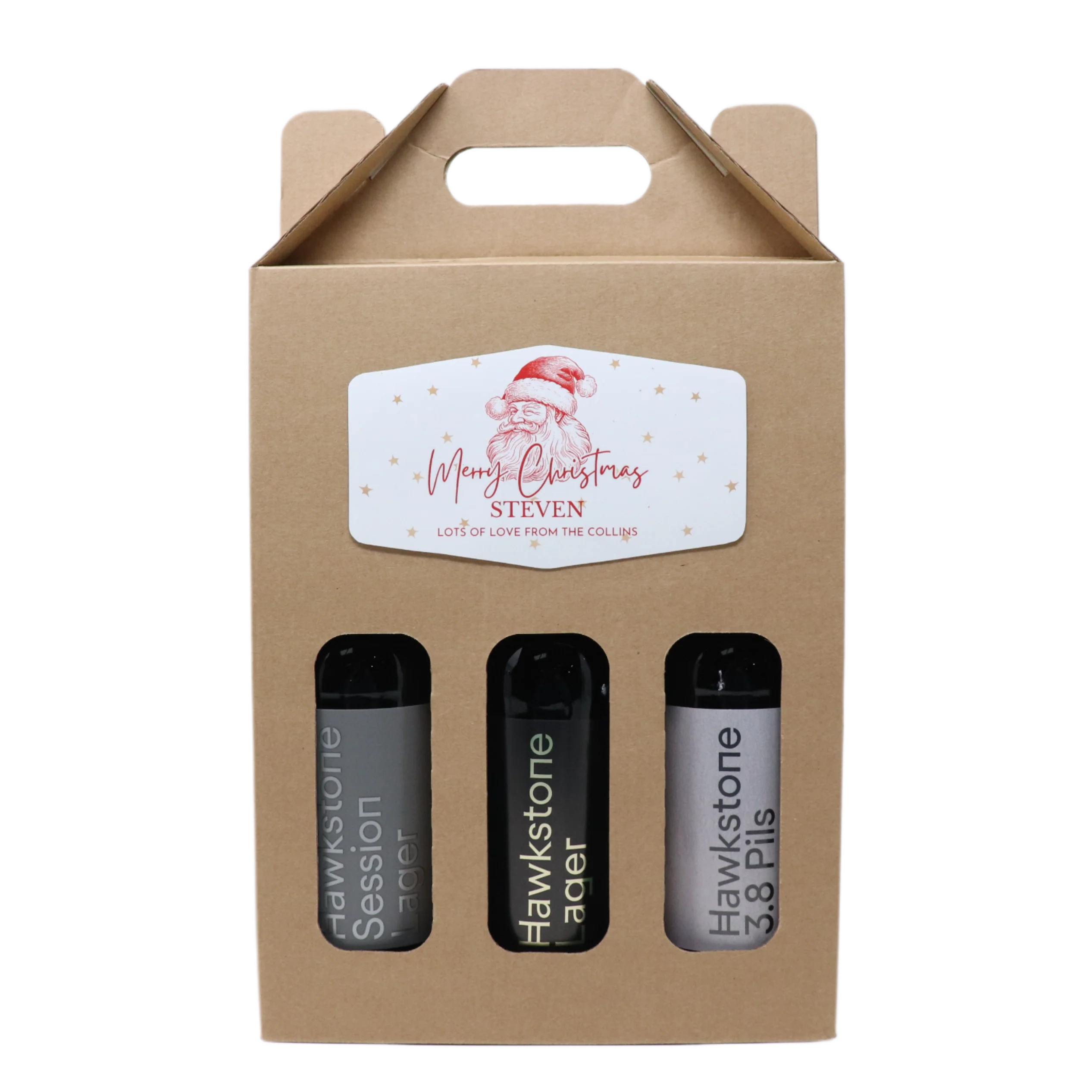 Personalised Kraft Beer Box & 3 Bottles of Hawkstone Gift Set - Father Christmas Label